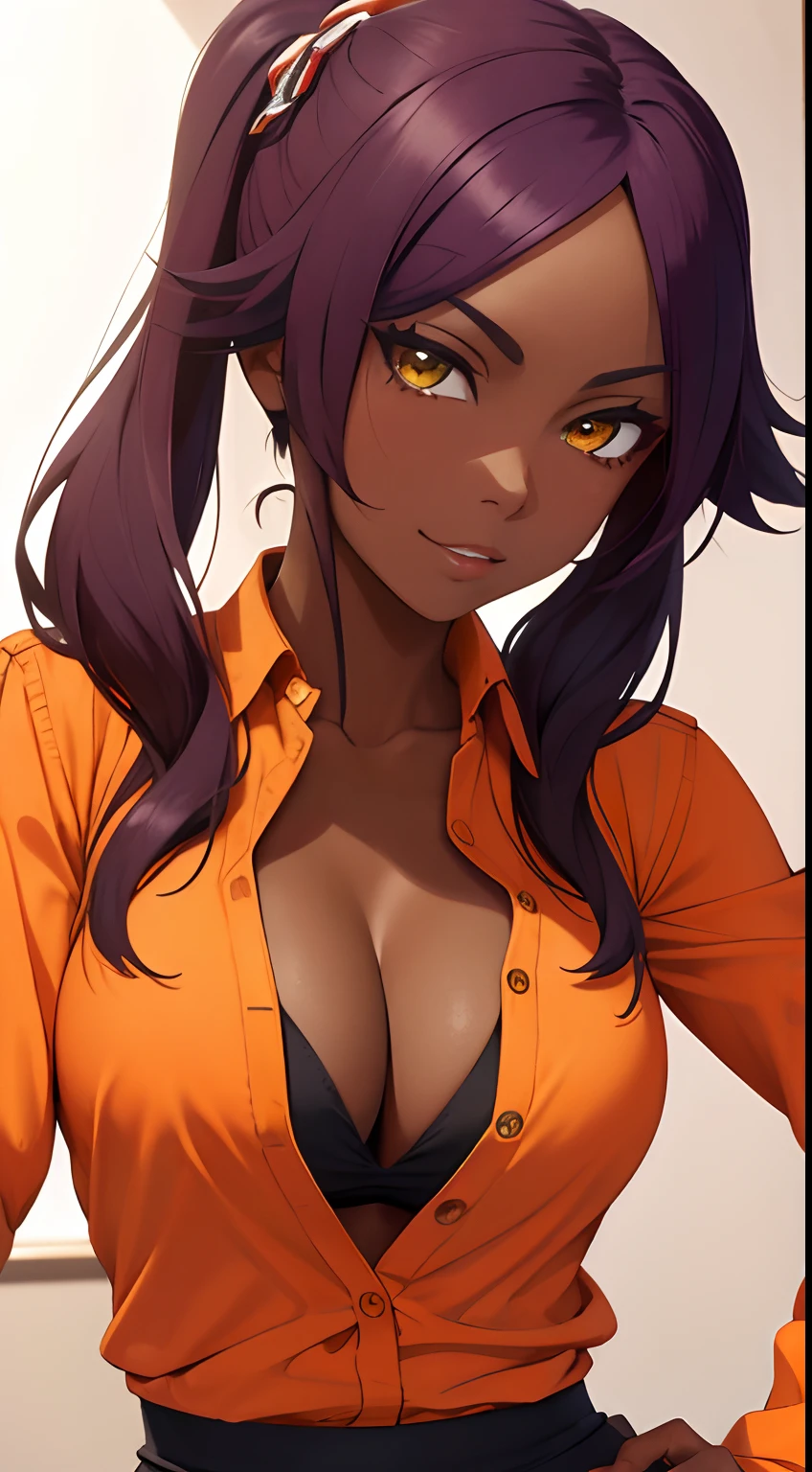 (Masterpiece, Best quality:1.2),upperbody closeup, Solo, 1girll, (cleavage:1.5)，shihouin yoruichi, view the viewer, Hands on hips, pony tails, Orange shirt, Long sleeves, Black pants，Dark  skin，tight-fitting