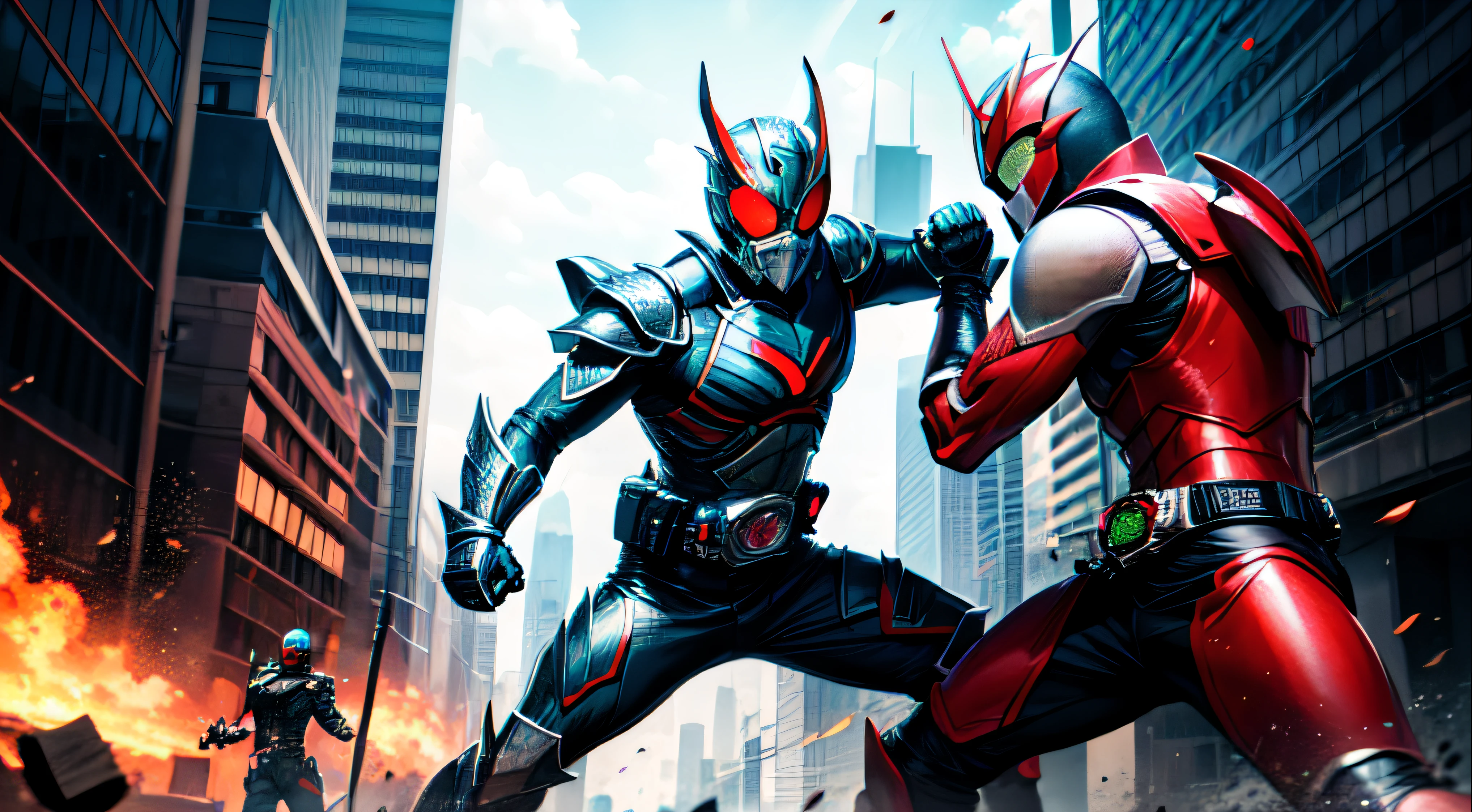 A man wears red high-tech armor and punches monsters,Urban ruined environment,Kamen Rider style,high high quality,High Picture Quality,A high resolution
