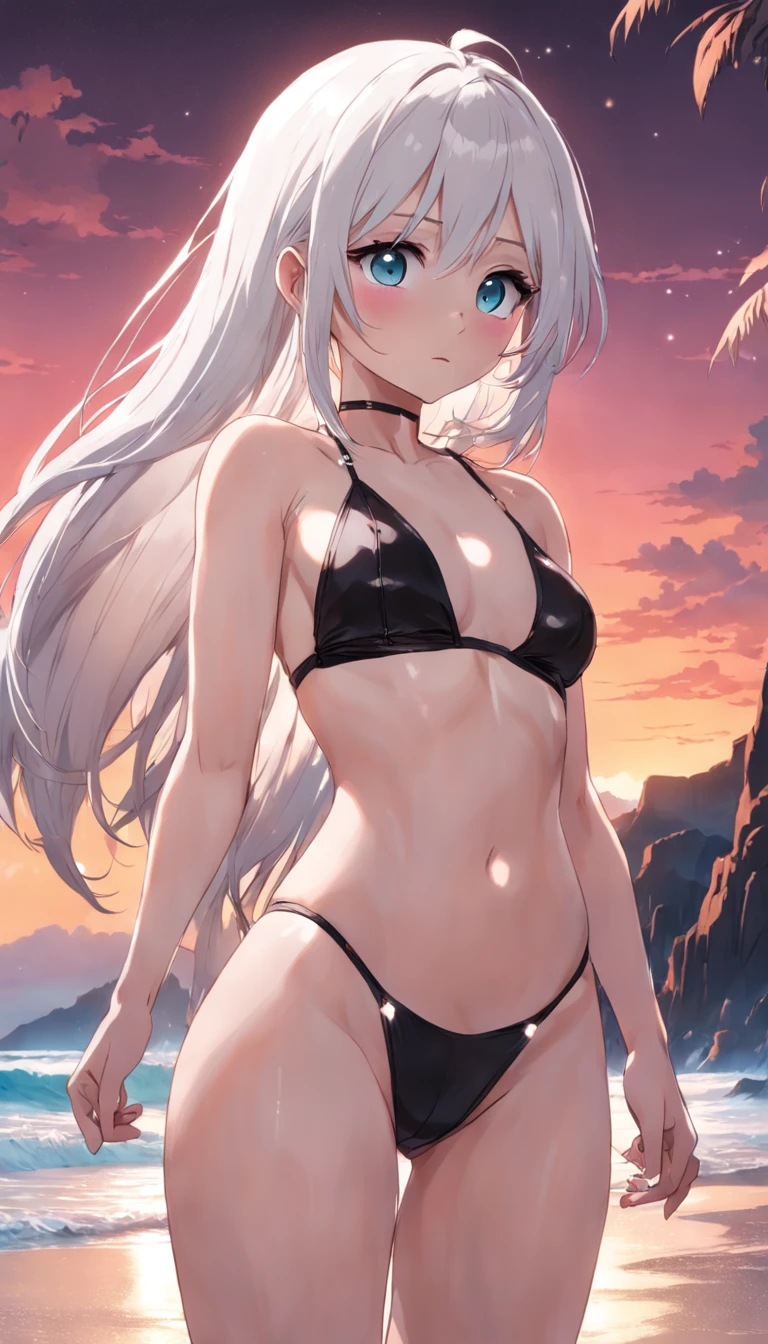 White girl with white hair, Wearing a black bikini, tiny body, tiny chest, thighs thin, Marked panties, Reddened eyes, Albina, On the beach at night