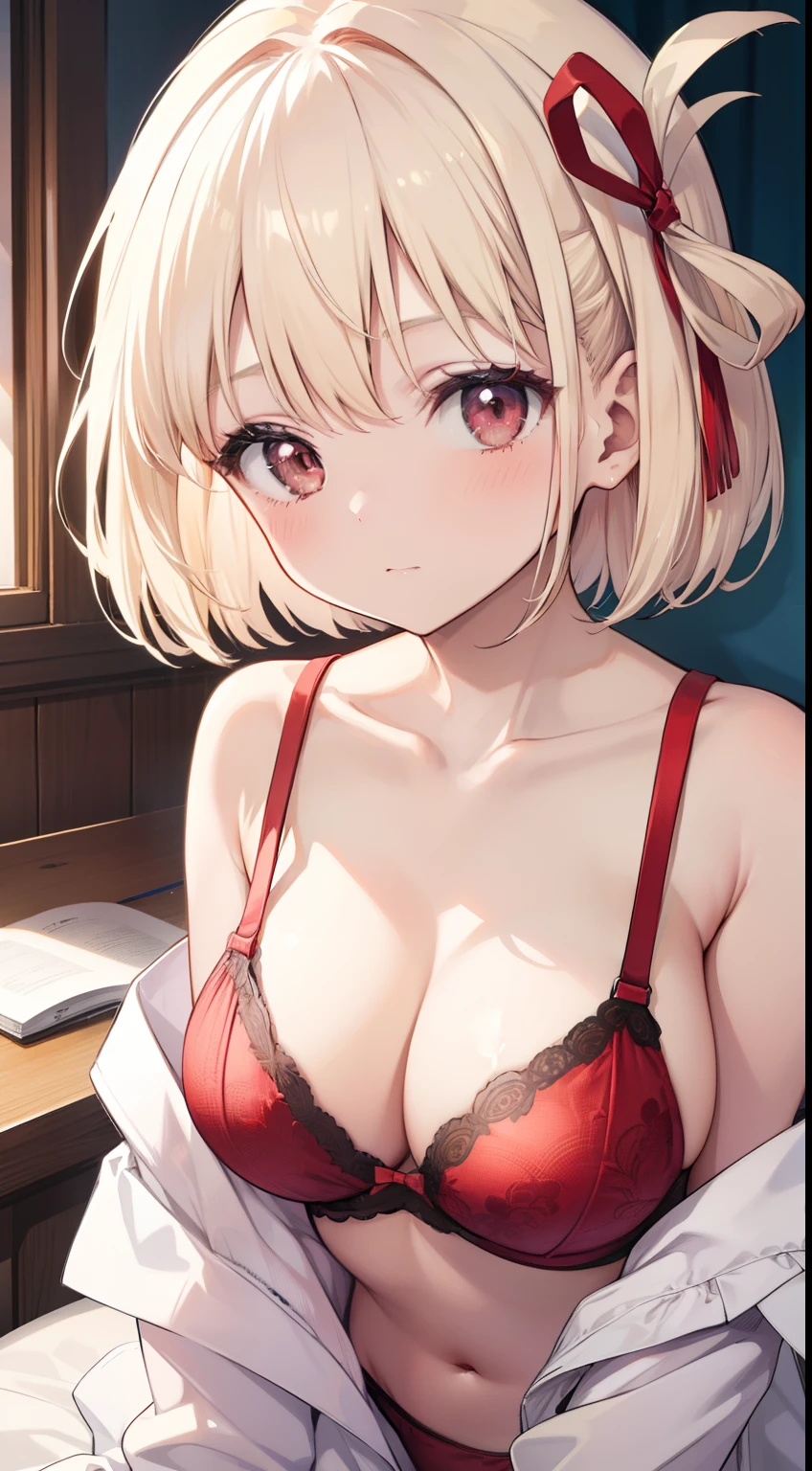 top-quality、masutepiece、1girl in、platinum-blonde、Bob Hair、Red ribbons、in one's underwear only、Pink lingerie、to close range、red blush、Kamimei、Staring at this、Cute anime illustration、tits out