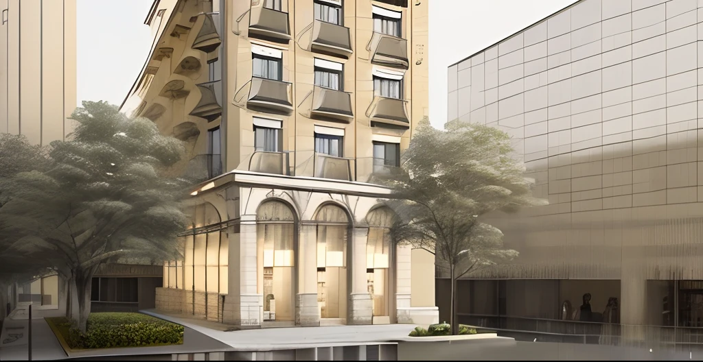 rendering of a tall building with a lot of windows and balconies, neo - classical style, architectural rendering, neoclassical style, neo classical architecture, detailed rendering, architectural concept, exterior design, realistic art deco, highly detailed architecture, perspective view, neoclassical architecture, low angle dimetric rendering, neoclassicism style, architectural render, from street level, architectural illustration