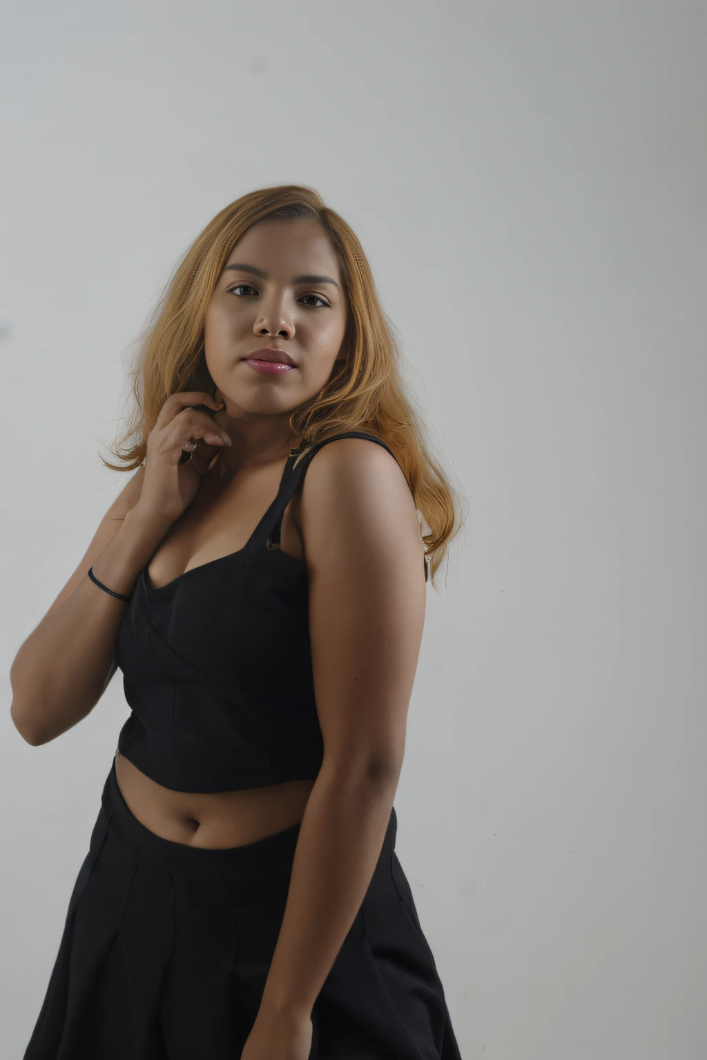there is a woman that is posing for a picture in a black top, she is wearing a black tank top, shot in the photo studio, wearing a black cropped tank top, wearing a cropped black tank top, wearing a sexy cropped top, photo from a promo shoot, modeling shoot, solo photoshoot, promo shoot, casual pose, studio shoot