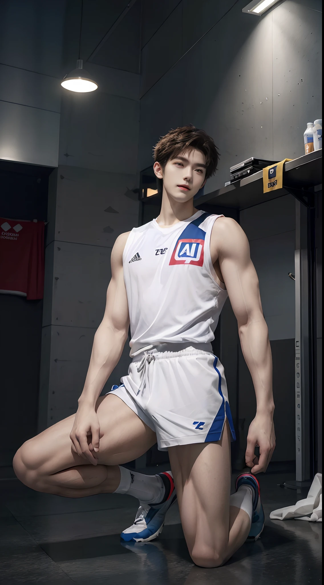 (((Best quality))),(((Ultra detailed))),(((Masterpiece)))，（Cute tall Shota：2），The height of a volleyball player，solo person，（full bodyesbian：3），（Stay away from the lens：3），Expose your legs，（revealing the whole body：2），（Frontal heads-up view：1.2），malefocus，（looking at viewert），16 yaers old，（Tall：3），（Tall guy：2），Super tall，（Height 300 cm：2），Excellent body proportions，muscular physique，（1.The shoulders are 5 times wider：1.2），（Slender straight legs：2.5），Slender feet，small heads，musculous，（The face of the animated male protagonist），Pure face，（Very detailed beautiful face and eyes：2），（Big bright eyes：1.2），Sharp eyeliner，Clear and beautiful face，，exhilarated，（Happy smile：2），short detailed hair，（Correct facial features），（tilts your head：1.5），（Men's soccer jersey：2)，Long white socks，（Muscle firming：2），Strong，（Wide shoulders and narrow waist：2.2），Sports men's socks，Detailed muscle texture，Highlights muscle structure，At home，（He was kneeling on the ground：4），（full length shoot），ultra-realistic realism, (Photorealistic detail), Incredible accuracy, lifelike textures, masterful technique, Jaw-dropping precision, artistic dedication，（anatomy correct），Good lighting，exquisite detailing，Best quality，stunning masterpiece，CG，（Colored screen）