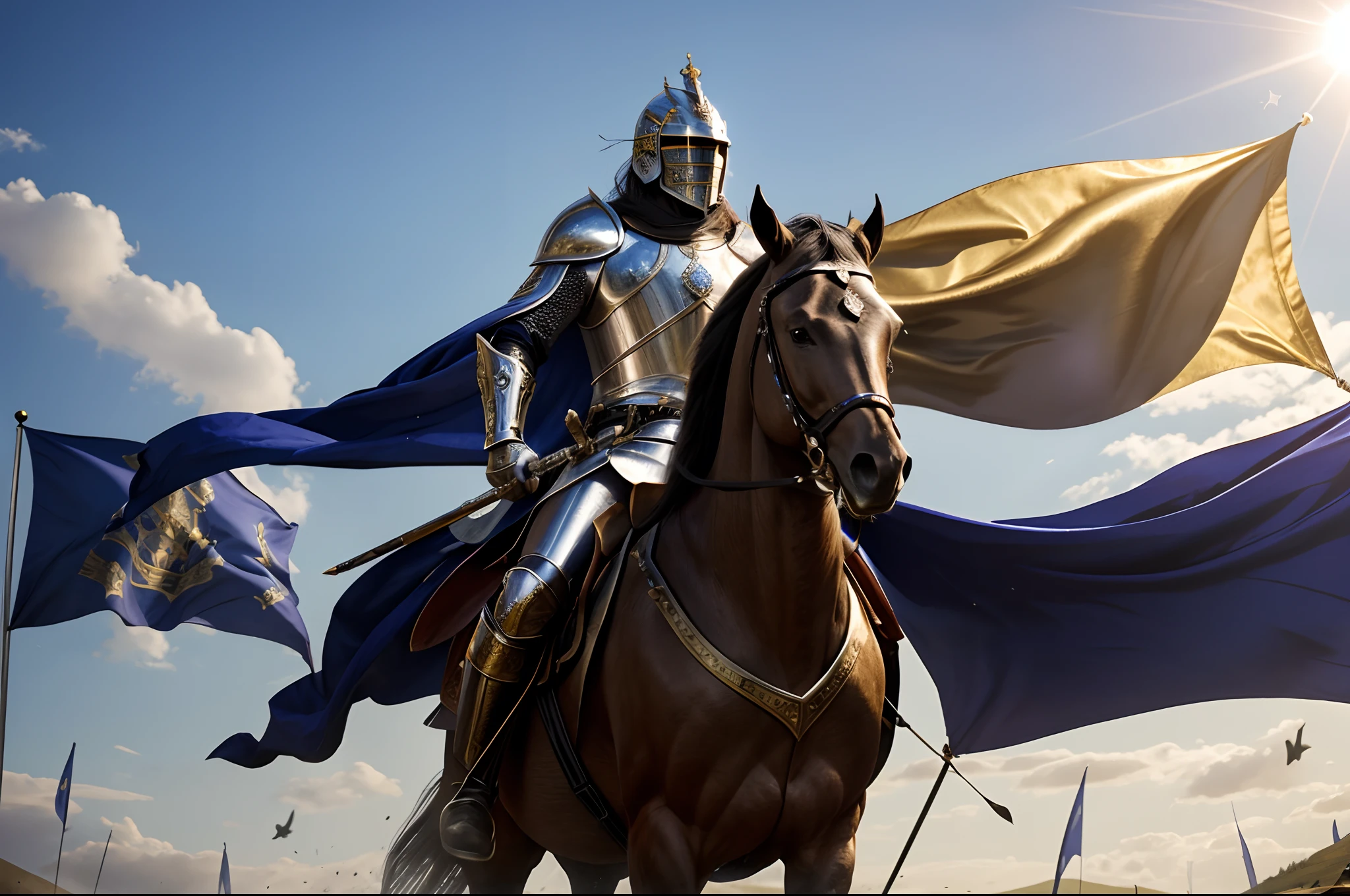 "Royal Knight with a majestic aura, adorned in gleaming armor, wielding a legendary sword, standing tall amidst a medieval battlefield, with banners fluttering in the wind and rays of sunlight illuminating the scene."