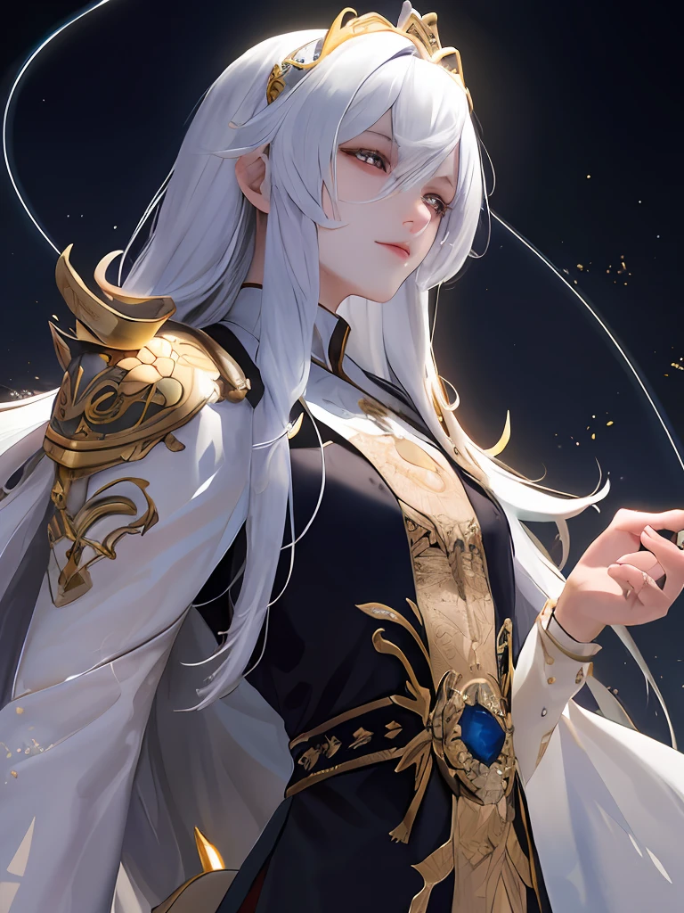 tmasterpiece,top-quality,best qualityer,offcial art,Beauty and aesthetics:1.2),(Kizi:1.3),extremy detailed,rich colourful,highest details,s the perfect face,The upper part of the body,hdr,(long white hair:1.5)(white cloak golden lines:1.2),galaxias,(light stre),striking visual effects,(dynamic streaks,Luminous trajectory:1.2),vivd colour,The family background of noble knights was usually very wealthy,Their ancestors may have been wealthy merchants、Nobleman or politician。They usually have an elegant living environment and high-quality educational resources,Receive quality education and training,Possess great talent and skills。 Noble knights usually possessed nobility、Elegant temperament,Their words and deeds reflect their social status and wealth。They have unique costumes、Hairstyle and makeup,Usually wearing elegant battle robes and riding noble horses。 The life of a noble knight was usually luxurious and comfortable,They have a variety of high-end luxury and luxurious private establishments。They usually like to make friends with powerful people,And actively participate in various social events and aristocratic circles。
