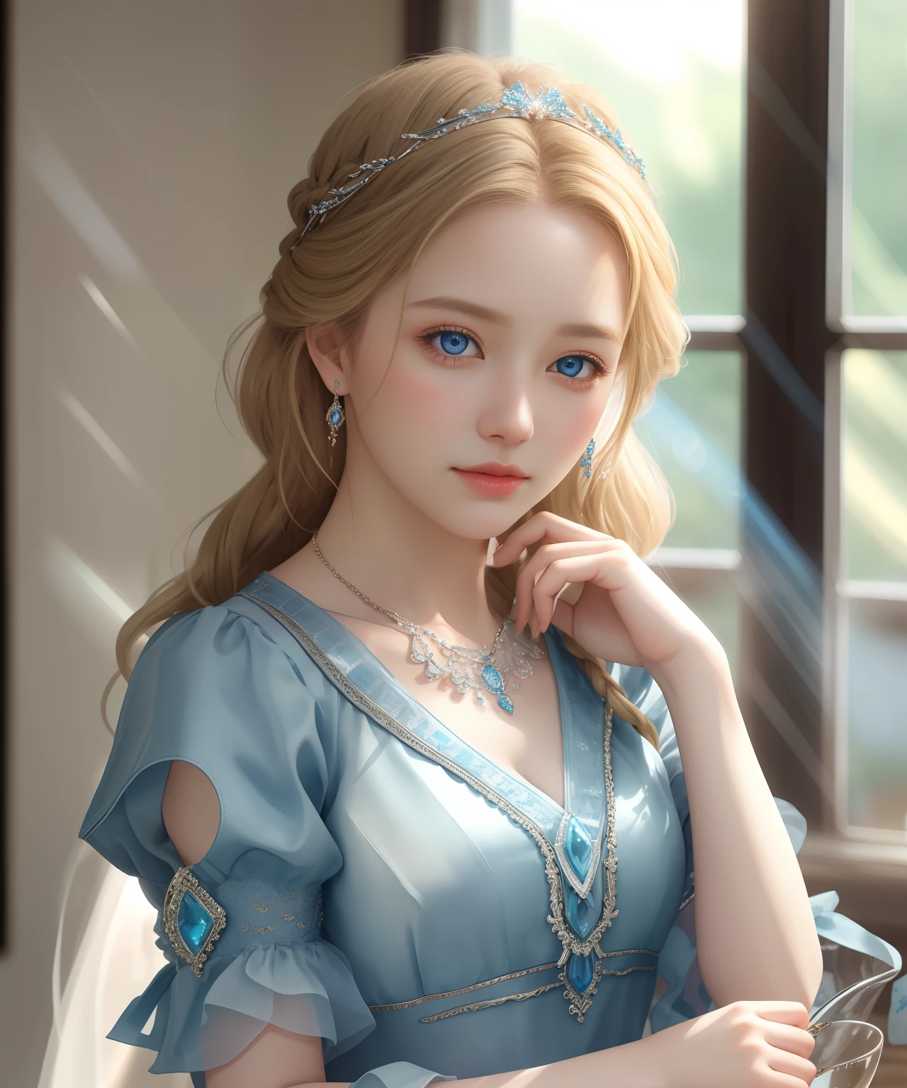 Best quality、tmasterpiece、A high resolution、1 Lady、blonde with blue eyes,Porcelain dress、Delicate braided hair,Delicate hair accessories、Fine Necklace、detailed jewellery、pretty face、Physically、Tyndall effect、realisticlying、Shadow Studio、edge lit、bicolor lighting、(highdetailskin:1.2)、8K, Ultra HD、Digital SLR、softlighting、high high quality、volumettic light、sneak shot、photore、A high resolution、4K、8K、The background is blurred out,