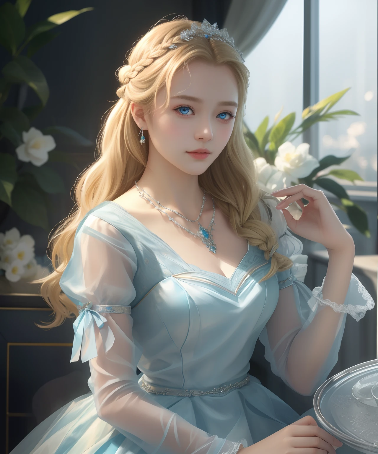 Best quality、tmasterpiece、A high resolution、1 Lady、blonde with blue eyes，Porcelain dress、Delicate braided hair，Delicate hair accessories、Fine Necklace、detailed jewellery、pretty  face、Physically、Tyndall effect、realisticlying、Shadow Studio、edge lit、bicolor lighting、（highdetailskin：1.2）、8K, Ultra HD、Digital SLR、softlighting、high high quality、volumettic light、sneak shot、photore、A high resolution、4K、8K、The background is blurred out，