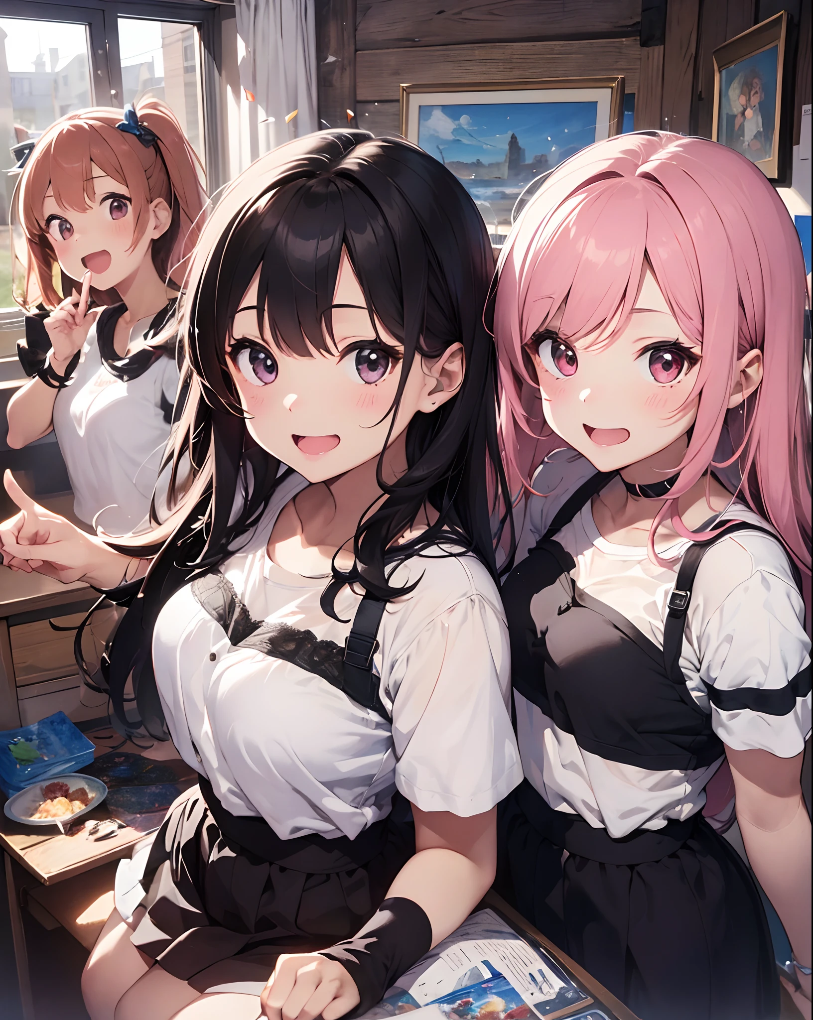 ((masterpiece)), ((best quality)), (very detailed), real taist,8k,pixiv best quality,Potato, In the center of the painting, there is a depiction of three adorable teenage girls, who are close friends, celebrating joyfully together, facing the viewer, BREAK 

Two of the girls are holding party poppers 🎉, while one of them is extending her arms wide with an expression of excitement and delight, BREAK 

(one of the girls is pink hair and long hair:1.2),BREAK
(one of the girls is dark hair and long hair:1.2),BREAK
(one of the girls is blong hair and long hair:1.3),(Put out forehead: 1.2) ,BREAK

girls are holding hands and sharing their happiness, BREAK 

The background portrays a bright, slightly pink-toned room with a desk, chest, and television, creating a cheerful atmosphere, BREAK 

emanating from the party poppers, which add a vibrant and lively touch to the entire painting, BREAK 

The girls are depicted larger than the background elements, ensuring a seamless composition without any gaps, BREAK

 This artwork is meant to evoke great joy and uplift the spirits of the viewer, BREAK 

Two of the girls are holding party poppers, creating an atmosphere of excitement as they release vibrant confetti and streamers into the air, BREAK 

One girl is extending her arms wide, displaying a radiant expression of delight that warms the hearts of those who view the painting, BREAK 

Two of the girls are holding hands, exuding a sense of joy and celebrating together, creating a bond within the painting, BREAK

 The scene is set in a room that belongs to the girls, furnished with a desk, chest, and television, BREAK 

The bright and slightly pink-toned environment enhances the lively celebration depicted by the girls, BREAK 

The girls take center stage in the painting, larger than the background elements, BREAK 

There are no gaps, ensuring a cohesive composition that fills the viewer with immense happiness and a sense of upliftment, BREAK