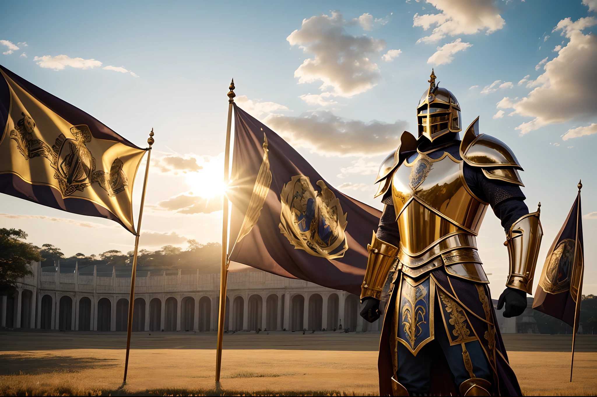 "Royal Knight in majestic armor, standing tall with a confident expression, holding a gleaming sword. The surroundings are filled with a sense of grandeur, with regal banners waving in the background and golden sunlight casting dramatic shadows. Construct a scene worthy of legend, capturing the essence of chivalry and honor."