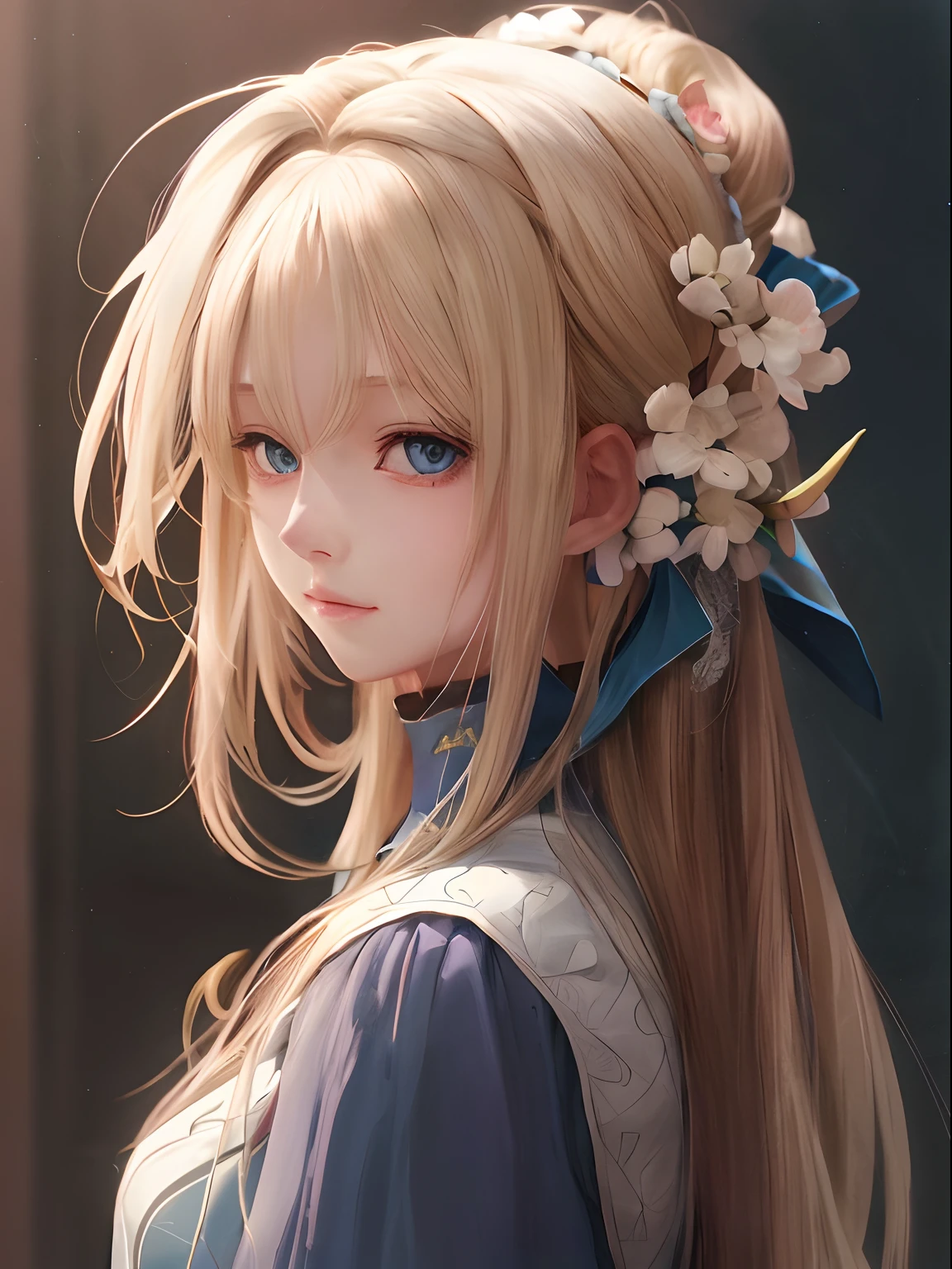 Anime girl with long blonde hair and blue eyes in a blue dress, a beautiful anime portrait, detailed portrait of an anime girl, Blonde anime girl with long hair, Stunning anime face portrait, anime girl profile, clean and meticulous anime art, Beautiful anime girl, female anime character, Portrait of an anime girl, Beautiful anime woman, portrait anime girl,Violet Evergarden,realistic