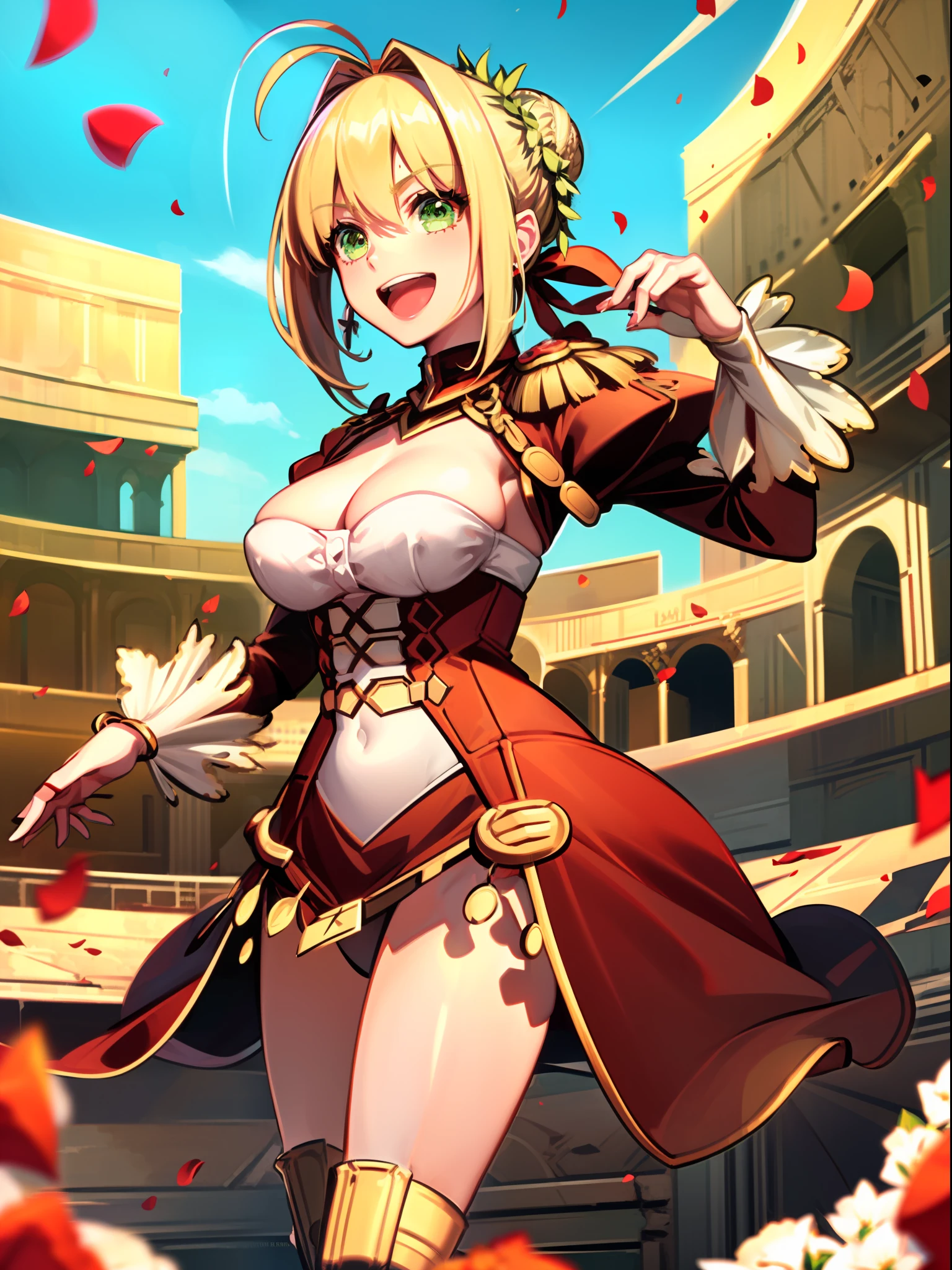 masterpiece, best quality,1girl, blonde hair, green eyes,large breasts, Default, NeroOriginalOutfit,head wreath, standing, smile,open mouth, adjusting hair , rome, colosseum, rose petals, cowboy shot,sunlight