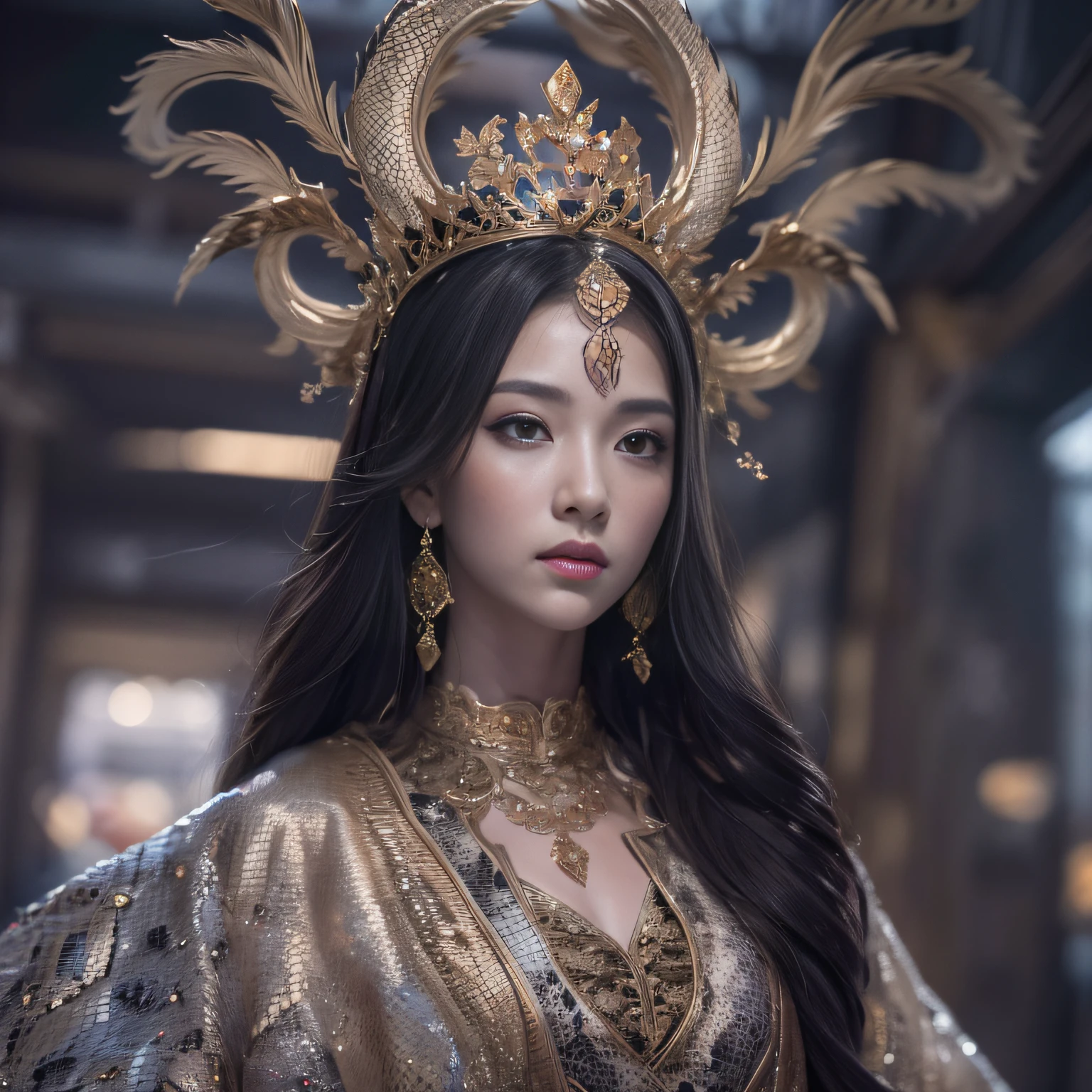 16k(tmasterpiece,k hd,hyper HD,16k)Long flowing black hair,Jewelry quarter in the back room,Brunette King ,Dragon Protector (realisticlying:1.4),Python pattern robe,Purple-pink tiara,Snowflakes fluttering,The background is pure,Hold your head high,Be proud,The nostrils look at people, A high resolution, the detail, RAW photogr, Sharp Re, Nikon D850 Film Stock Photo by Jefferies Lee 4 Kodak Portra 400 Camera F1.6 shots, Rich colors, ultra-realistic vivid textures, Dramatic lighting, Unreal Engine Art Station Trend, cinestir 800,Hold your head high,Be proud,The nostrils look at people