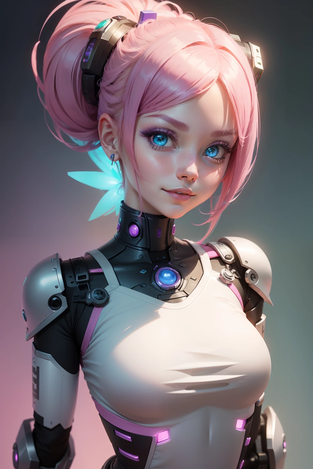 a robotic fantasy girl with robotic face, pink hair style, wearing a white t shirt, happy face and little smile with blue lips, big green eyes, simple purple background, make it for NFT market