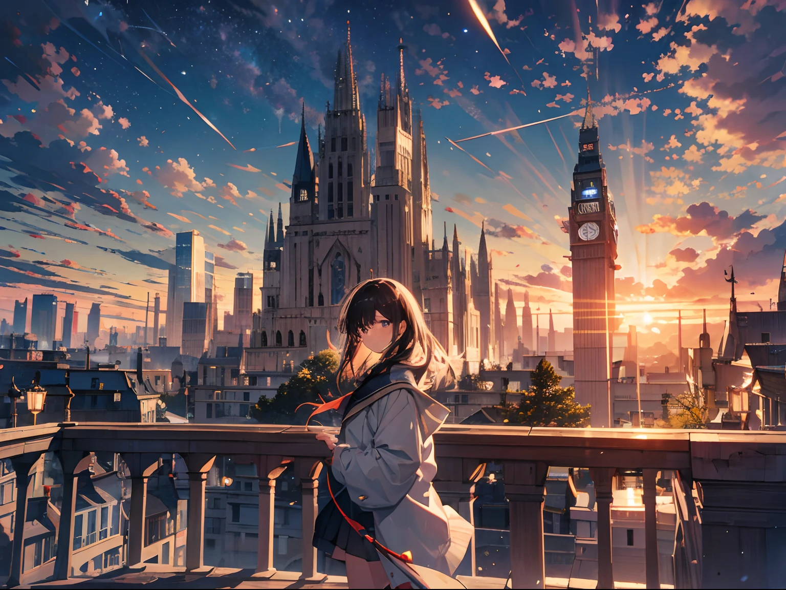 octane，Skysky，As estrelas（Skysky），scenecy，starrysky，the night，1girll，exquisite facial features，nigh sky，独奏，exteriors，buliding，​​clouds，galactic，sitted，The tree，Long hair，城市，siluette，Cityscape complex background，CG art，tmasterpiece，high qulity，depth of fields，Storytelling images，