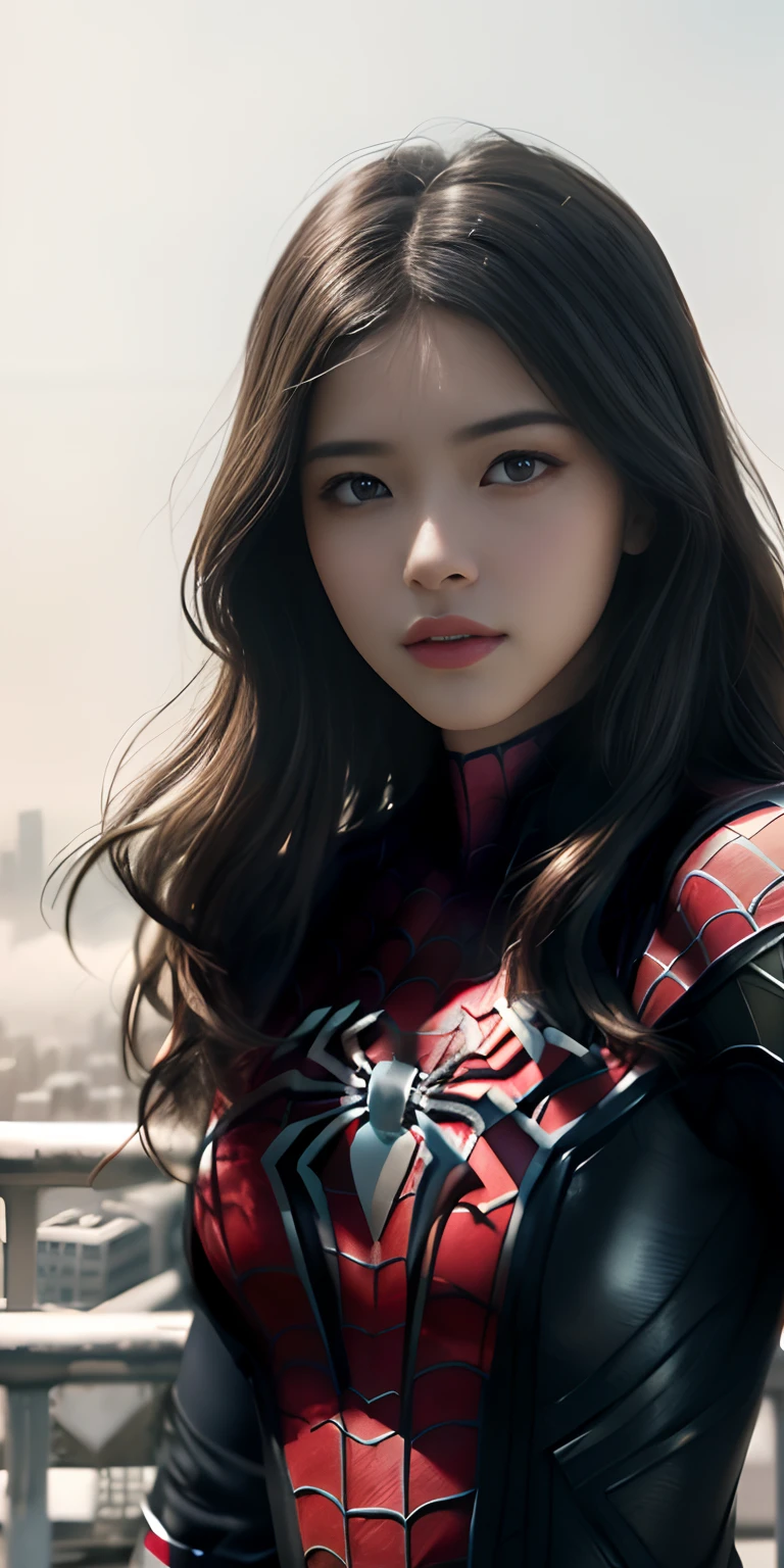 (1girl:1.3), solo, ((very detailed face)))), ((very detailed eyes and face))), beautiful detail eyes, body parts__, official art, unified 8k wallpaper, super detailed, beautiful and beautiful, beautiful, masterpiece, best quality, original, masterpiece, super fine photo, best quality, super high resolution, realistic realism, sunlight, full body portrait, amazing beauty, dynamic pose, delicate face, big breast, vibrant eyes, (from the front), she is wearing a Spider-Man suit, red and black color scheme, spider, very detailed city roof background, rooftop, overlooking the city, detailed face, detailed complex busy background, messy, gorgeous, milky white, highly detailed skin, realistic skin details, visible pores, clear focus, volumetric fog, 8k uhd, DSLR, high quality, film grain, fair skin, photo realism, lomography, futuristic dystopian giant metropolis, translucent
