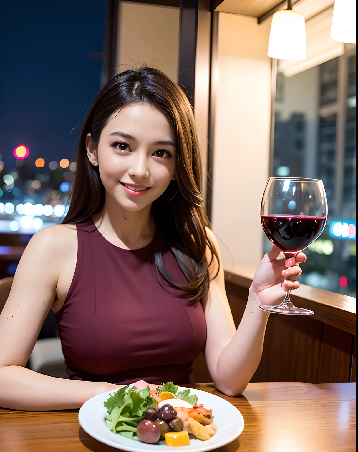 (64K, UHD, top quality, masterpiece: 1.2), (realistic, photorealistic: 1.37), super detailed, pretty woman 1 person, (slim face), (slim body), (brown hair), (short cut), cheeks slightly blushing, (44 years old), 38 years old, solo, beautiful detailed urban night view outside the window, restaurant, wine glasses sit, at night, in a prominent placeNovaFrogStyle, Actress, Model, Waist Up, White Wine, Slim, Wine Glass, Super Clean Night View, Wine Glass Put in the Middle, Happy Smile, (Smile: 1.15), Beautiful Fine Eyes, Upper Body, Bust Japan Up, Night, Short, Short, Actress, Model, Waist Up, White Wine, Slim, Wine Glass, Super Clean Night View, Wine Glass Put in the Middle, Happy Smile,