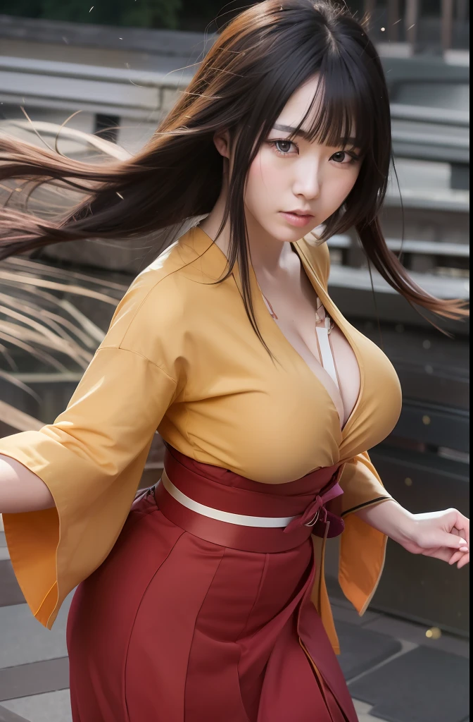 Hanabi hyuga A woman was wearing a dark-yellow kimono. Under a red skirt. And a red belt. Her breasts look so big and round. He had long dark brown hair. He was looking into the camera. So beautiful and realistic
