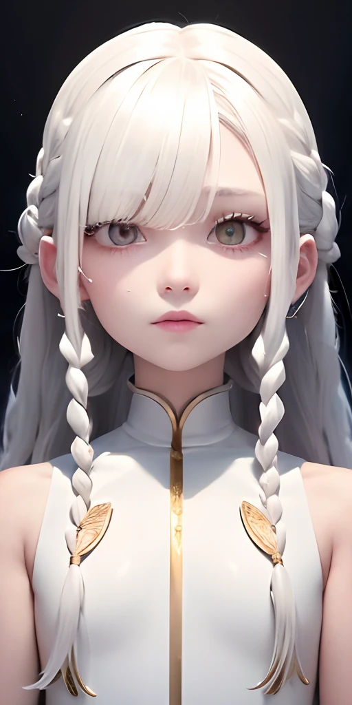 best quality, masterpiece,white hair, gold eyes,white clothes, looking up, upper body,hair strand,Fair skin,side braids