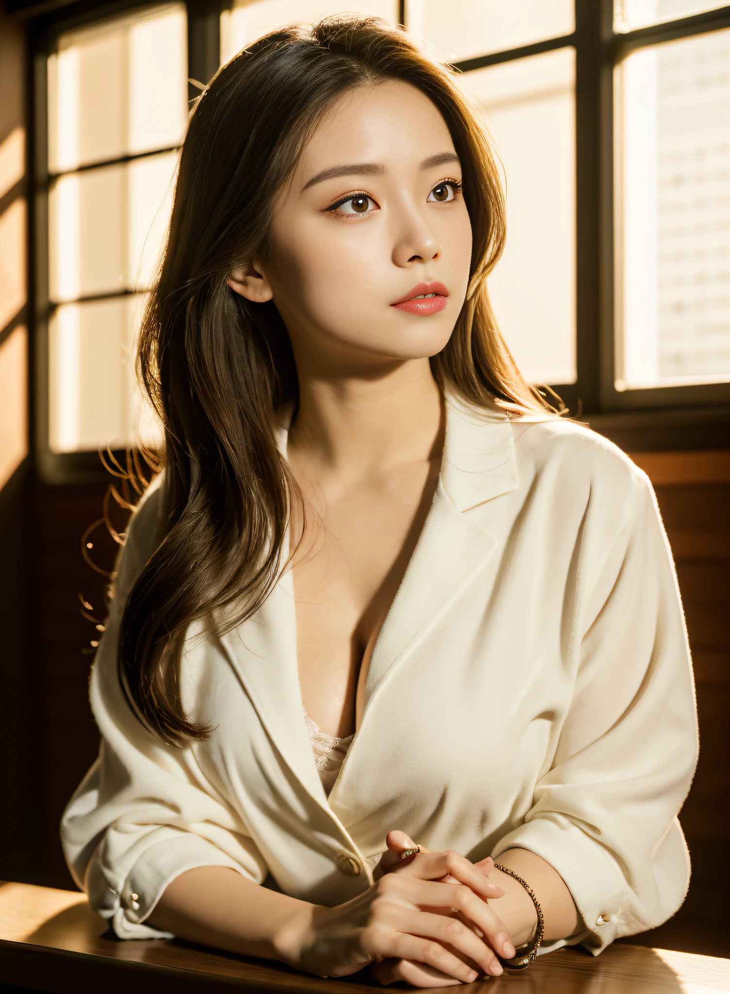 25 years old female, Soio, a secretary, stunningly beautiful, (top-quality、8K、32K、​masterpiece、nffsw:1.3)、超A high resolution,(Photorealsitic:1.4),Raw photography, Detailed face,,Beautiful hair, White shirt,((Secretarial style)), thicc body, tight skirts、 Natural makeup, Breast cleavage, Inside the office, Detailed background, Perfect Lighting, depth of fields, Beautiful shadow gradient, ,