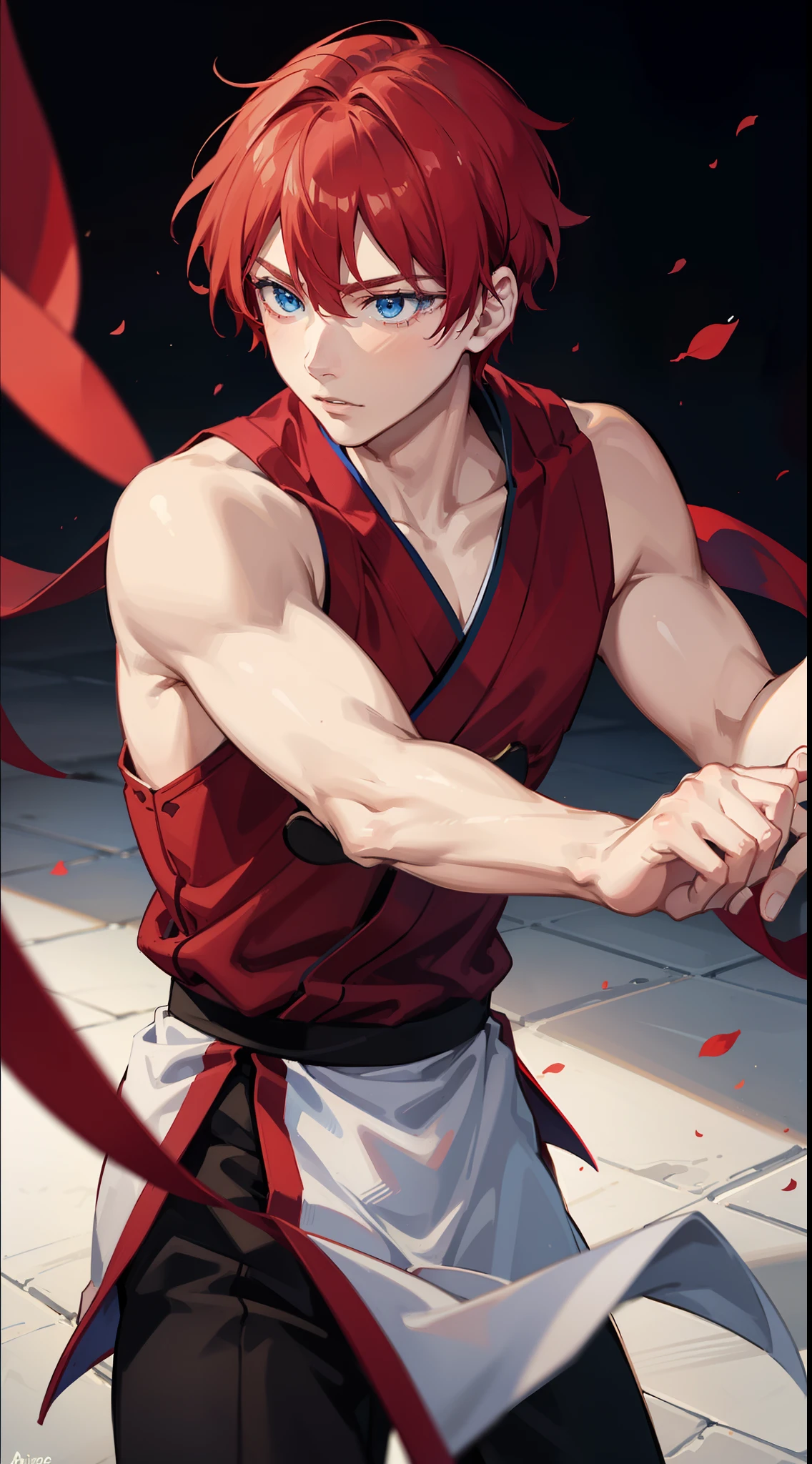 Anime character with red hair and blue eyes holding a sword - SeaArt AI