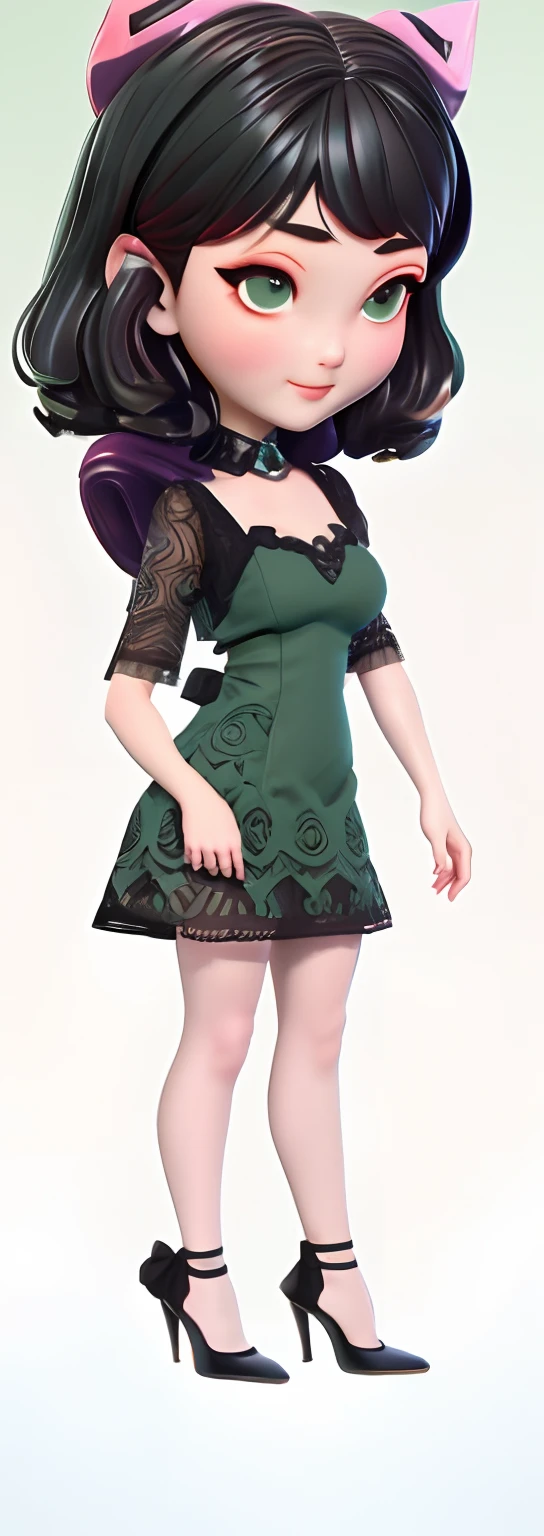 one-girl,。.。.。.。.。.。.。.。.。.。.3D ,low-contrast, shift dresses, full body green dress, nedium breasts , Black color hair