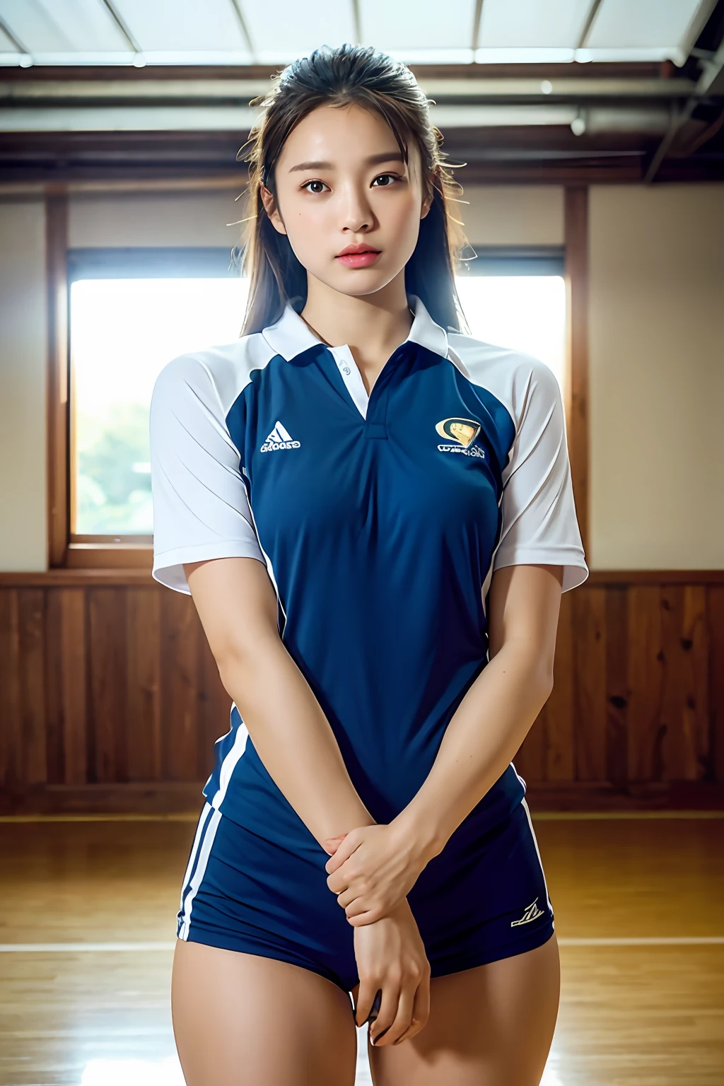 (Photoreal: 1.4), (Hyper-realistic: 1.4), (Realistic: 1.3), (Smooth lighting: 1.05), (Improved cinematic lighting: 0.9), 32K, 1 girl, 20 year old girl, Realistic lighting, Backlight, Face Light, raytrace, (Whitening light: 1.2), (Image enhancement: 1.4), ( Top quality real skins: 1.4), Narrow eyes, Fine face, Narrow eyes, (Body Line Mood Increase: 1.1), Oversized breasts, Big, (Skin Texture Enhancement Beauty: 1.1),Volleyball uniform:1.4, Indoor_Volleyball_court_Background:1.4, thighs thighs thighs thighs, Protruding , Crotch