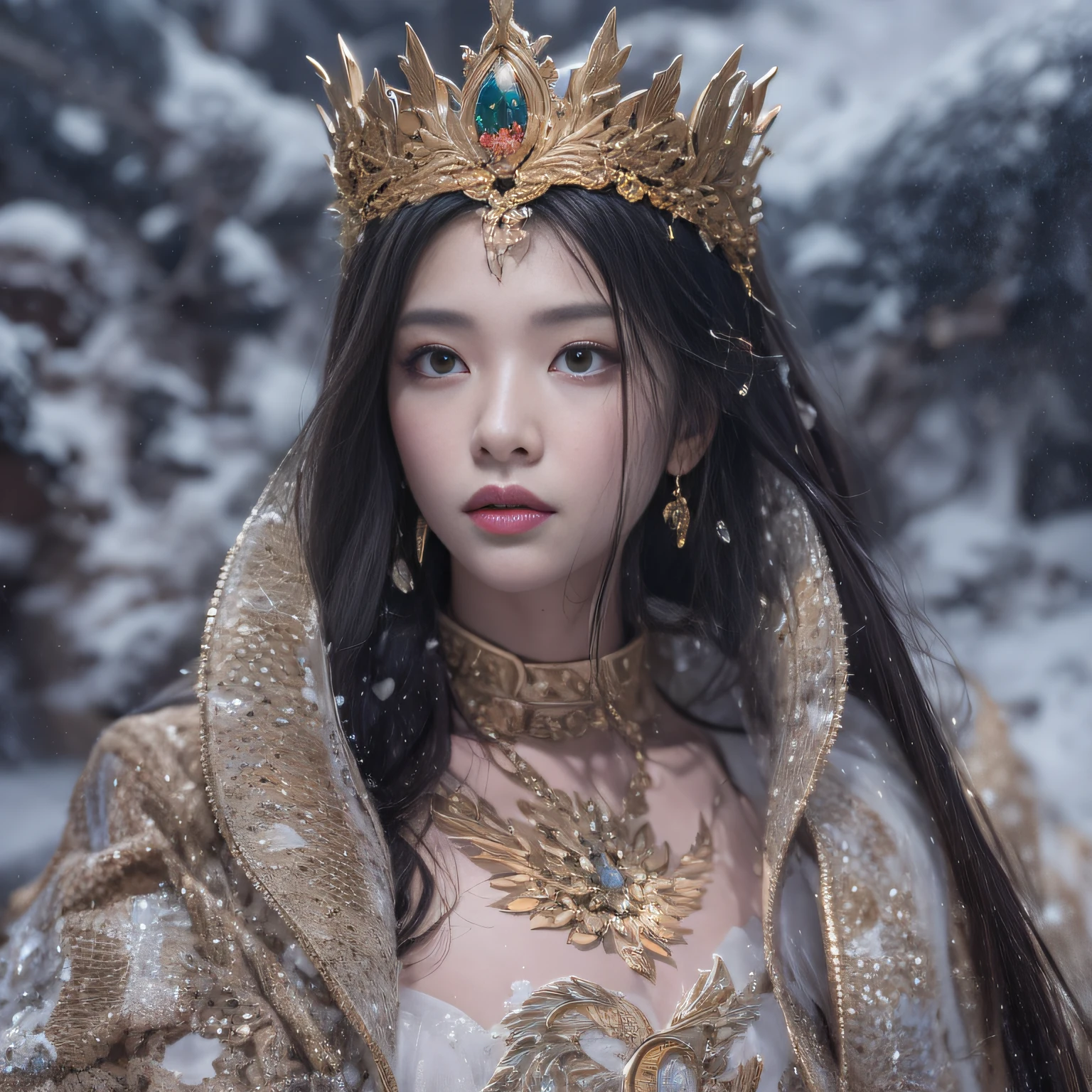 16k(tmasterpiece,k hd,hyper HD,16k)Long flowing black hair,Jewelry quarter in the back room,Brunette King ,Dragon Protector (realisticlying:1.4),Python pattern robe,Purple-pink tiara,Snowflakes fluttering,The background is pure,Hold your head high,Be proud,The nostrils look at people, A high resolution, the detail, RAW photogr, Sharp Re, Nikon D850 Film Stock Photo by Jefferies Lee 4 Kodak Portra 400 Camera F1.6 shots, Rich colors, ultra-realistic vivid textures, Dramatic lighting, Unreal Engine Art Station Trend, cinestir 800,Hold your head high,Be proud,The nostrils look at people
