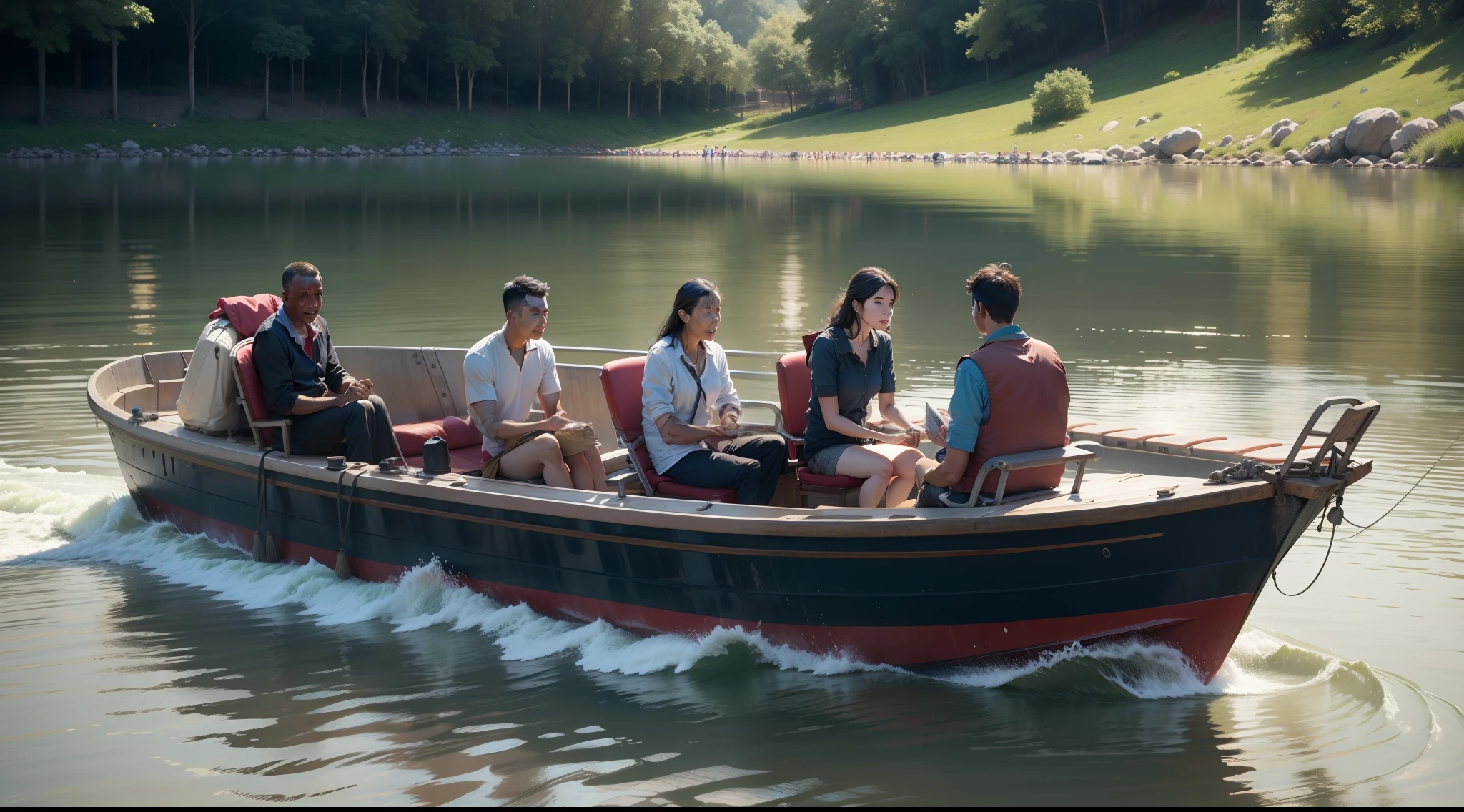 People sitting on the boat moving towards opposite side of river.