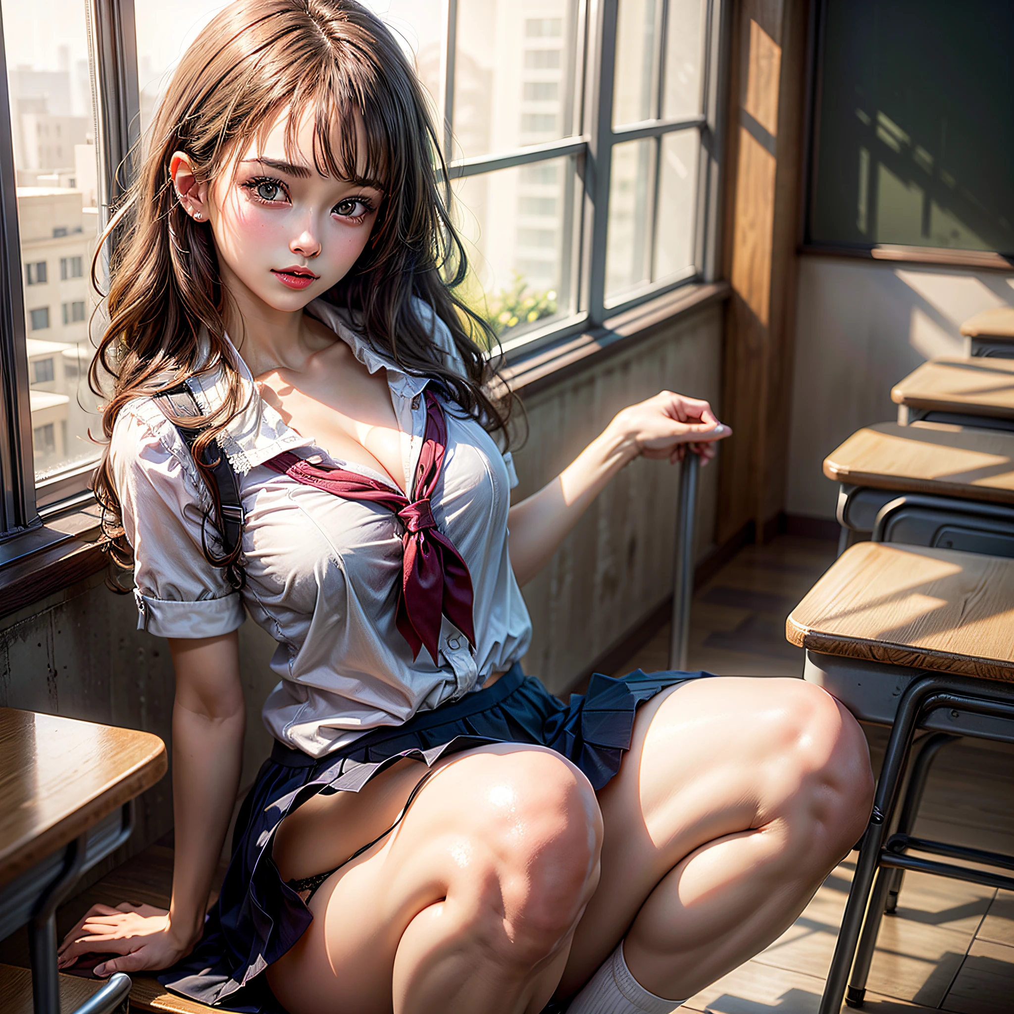 1beautiful young girl, Beautiful face, (Slender body:1.2), Realistic, extremely detailed CG unified 8k wallpaper, ighly detailed, High-definition raw color photos, professional photograpy, Realistic portrait, Cinematic Light, Beautiful detailed, (Beautiful breasts:), (cleavage of the breast:1.2), (school uniform with wide open chest:1.5), (Mini skirt:1.3), (very small white lace panties:1.5), (squatting:1.1), cameltoe details, Indoors, school, (Best Quality:1.4), Super Detail, High quality,