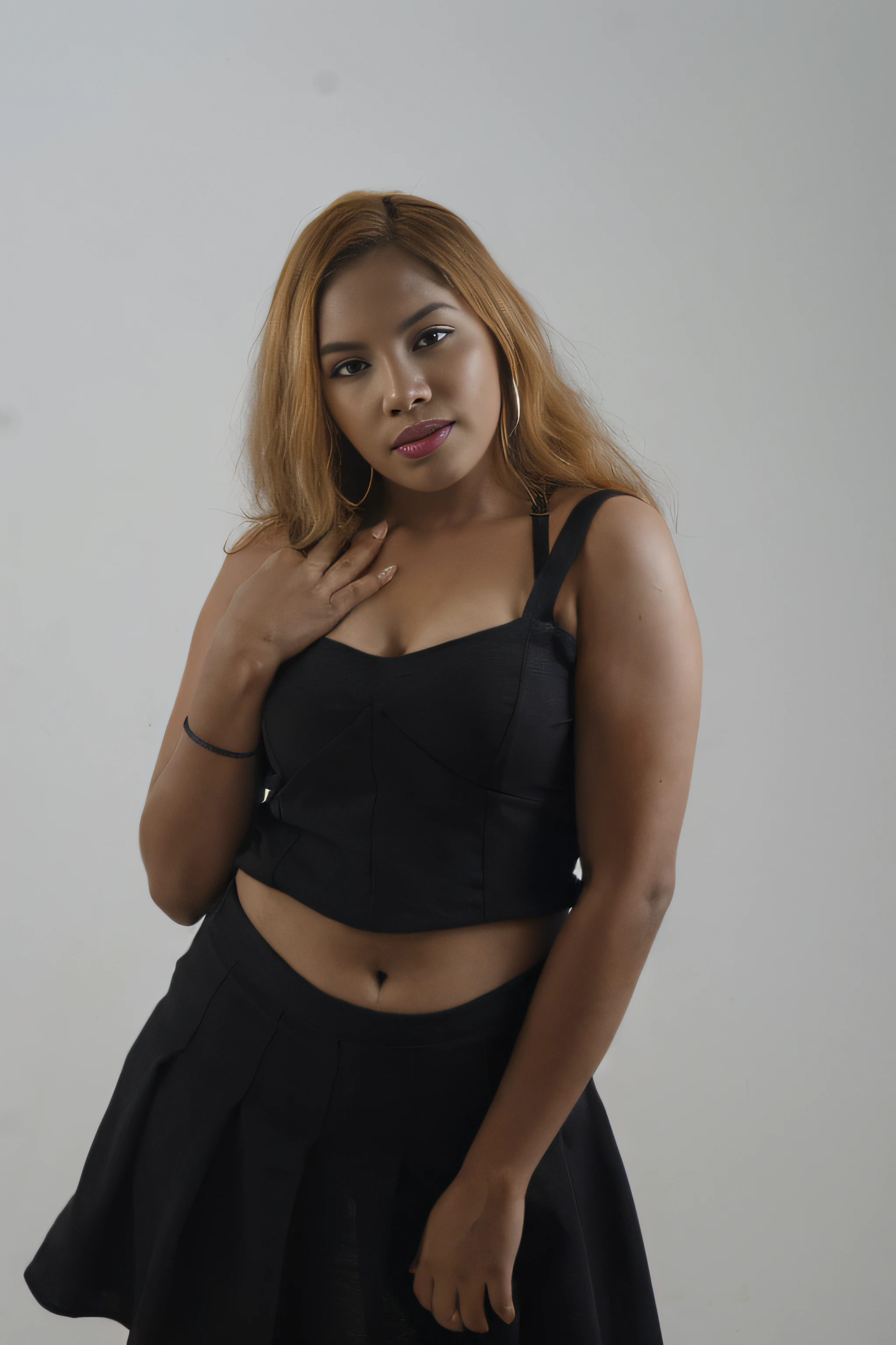 there is a woman posing for a picture in a black top, she is wearing a black tank top, wearing a sexy cropped top, wearing a black cropped tank top, wearing a cropped black tank top, promo shoot, solo photoshoot, with brown skin, photo from a promo shoot, shot in the photo studio, casual pose, 2 4 year old female model, promotional photoshoot