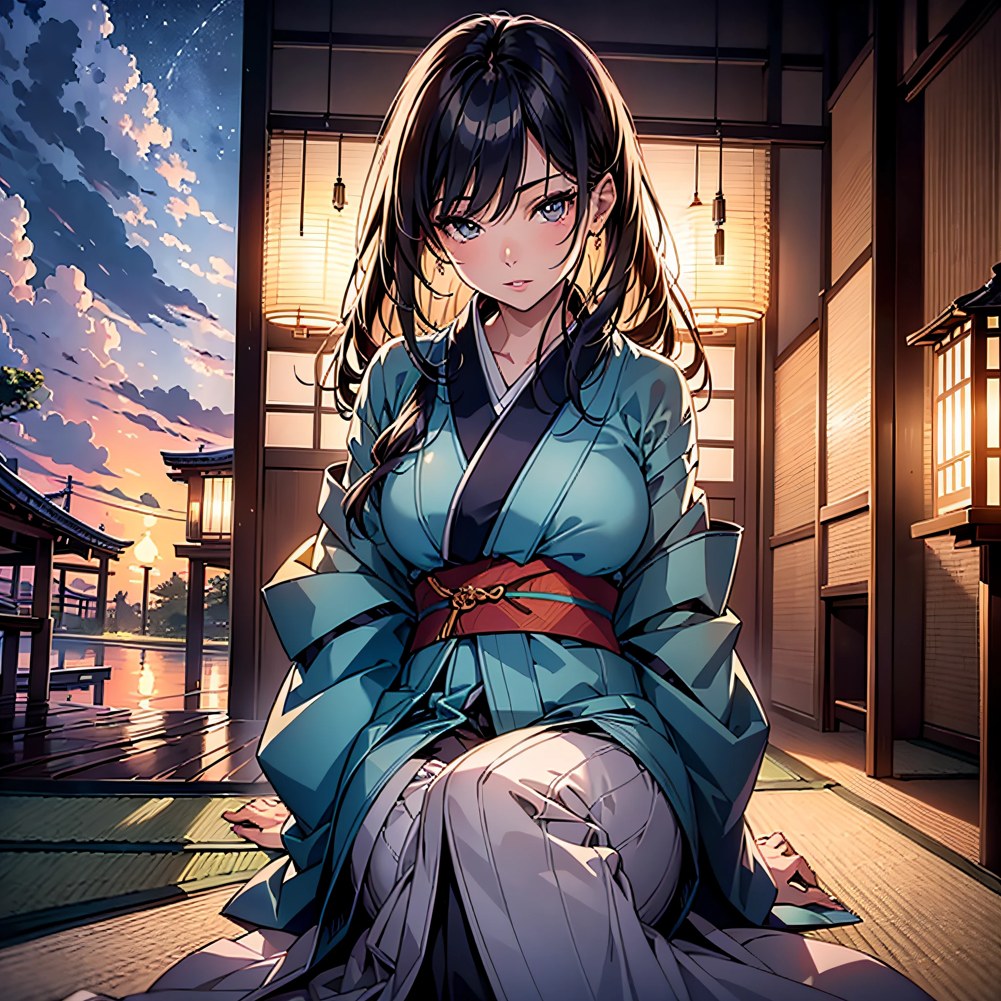 (Best quality), (masterpiece:1.3), (photorealistic:1.36), (realistic), ultra-detailed, A woman with cheekbones is relaxing in a tatami room, wearing a gorgeous and beautiful uchikake (a type of kimono) with the clouds painted on it. She has a beautiful face with a melancholy expression and brightly colored shining eyes. She is dressed in a luxurious and colorful kimono. parted lips. A gorgeous folding screen. A dimly lit lantern in a dimly lit tatami room at night. Detailed drawings. Vivid colors. High image quality. ｗ-Isitting.