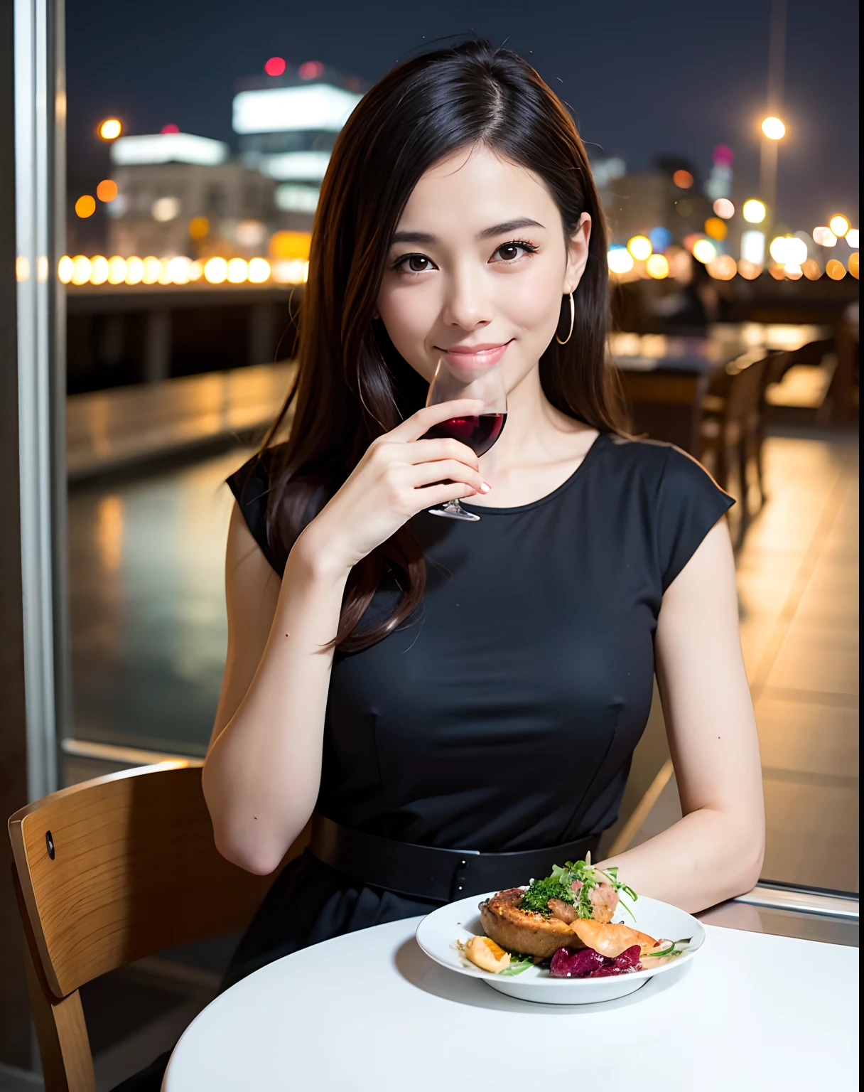 (64K, UHD, top quality, masterpiece: 1.2), (realistic, photorealistic: 1.37), super detailed, pretty woman 1 person, (slim face), (slim body), (brown hair), (short cut), cheeks slightly blushing, (44 years old), 38 years old, solo, beautiful detailed urban night view outside the window, restaurant, wine glasses sit, at night, in a prominent placeNovaFrogStyle, Actress, Model, Waist Up, White Wine, Slim, Wine Glass, Super Clean Night View, Wine Glass Put in the Middle, Happy Smile, (Smile: 1.15), Beautiful Fine Eyes, Upper Body, Bust Japan Up, Night, Short, Short, Actress, Model, Waist Up, White Wine, Slim, Wine Glass, Super Clean Night View, Wine Glass Put in the Middle, Happy Smile,