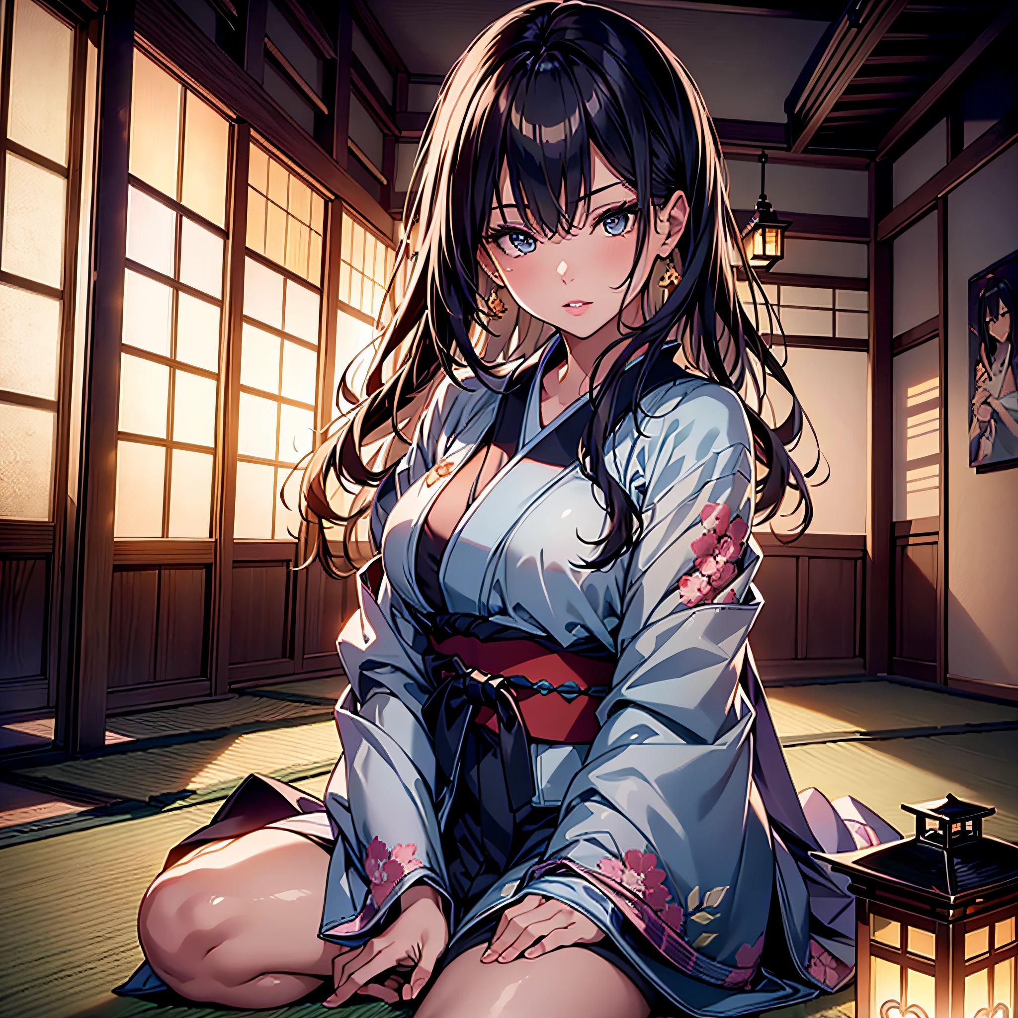 (Best quality), (masterpiece:1.3), (photorealistic:1.36), (realistic), ultra-detailed, A woman with cheekbones is relaxing in a tatami room, wearing a gorgeous and beautiful uchikake (a type of kimono) with the clouds painted on it. She has a beautiful face with a melancholy expression and brightly colored shining eyes. She is dressed in a luxurious and colorful kimono. parted lips. A gorgeous folding screen. A dimly lit lantern in a dimly lit tatami room at night. Detailed drawings. Vivid colors. High image quality. ｗ-Isitting.