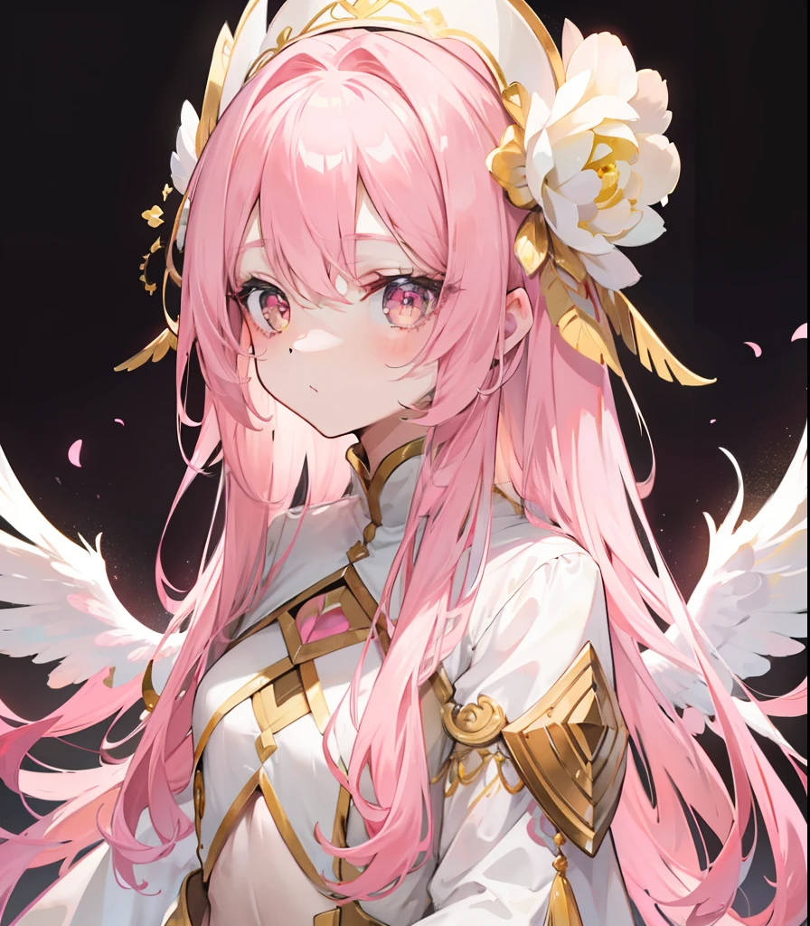 Long pink and white hair，Pink-white wings，Deep yellow pupils，Decorated in brilliant gold，Soft clothes with white and yellow，She is a cute and sweet beautiful girl