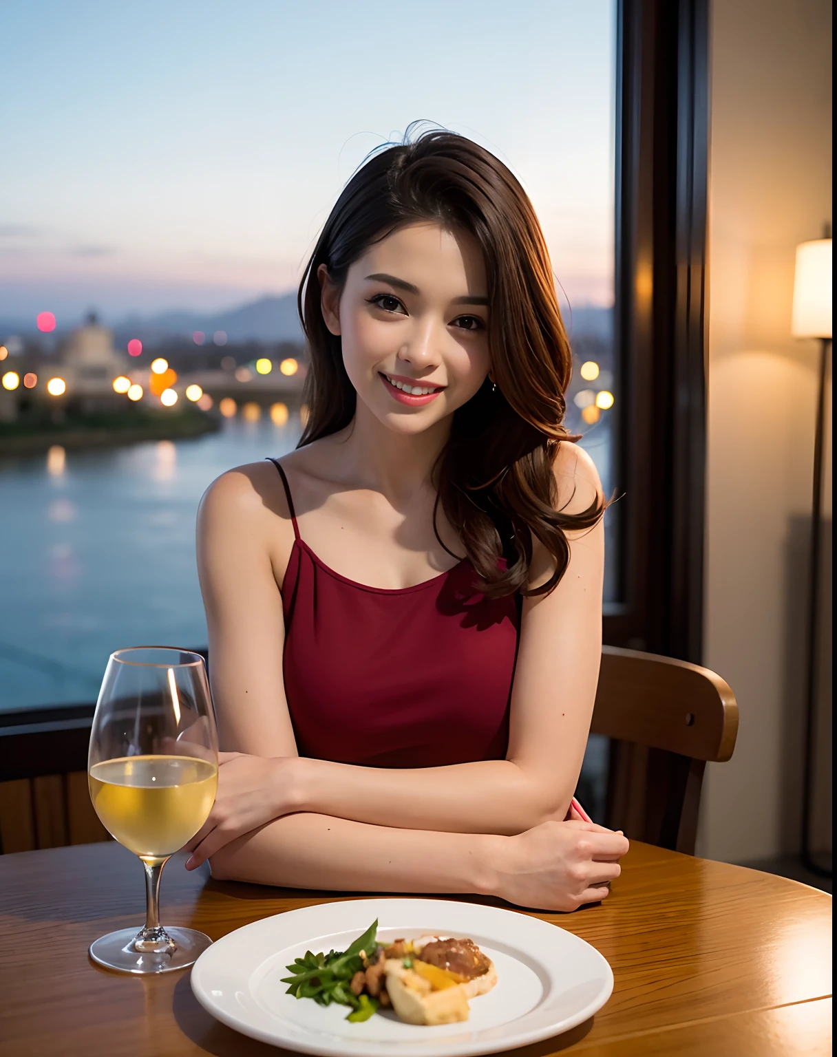 (64K, UHD, top quality, masterpiece: 1.2), (realistic, photorealistic: 1.37), super detailed, pretty woman 1 person, (slim face), (slim body), (brown hair), (short cut), cheeks slightly blushing, (44 years old), 38 years old, solo, beautiful detailed urban night view outside the window, restaurant, wine glasses sit, at night, in a prominent placeNovaFrogStyle, Actress, Model, Waist Up, White Wine, Slim, Wine Glass, Super Clean Night View, Wine Glass Put in the Middle, Happy Smile, (Smile: 1.15), Beautiful Fine Eyes, Upper Body, Bust Japan Up, Night, Short, Short, Actress, Model, Waist Up, White Wine, Slim, Wine Glass, Super Clean Night View, Wine Glass Put in the Middle, Happy Smile,