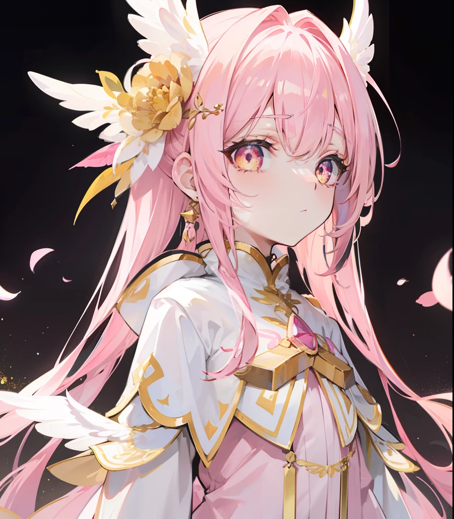 Long pink and white hair，Pink-white wings，Deep yellow pupils，Decorated in brilliant gold，Soft clothes with white and yellow，She is a cute and sweet beautiful girl
