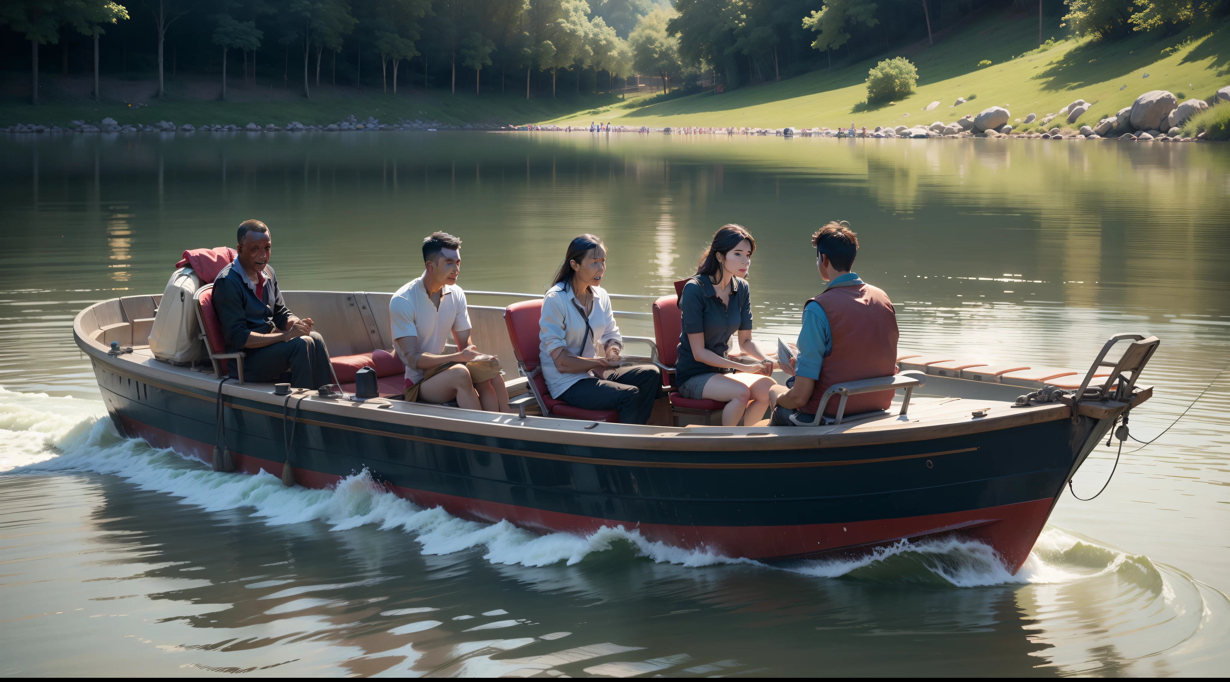 People sitting on the boat moving towards opposite side of river.