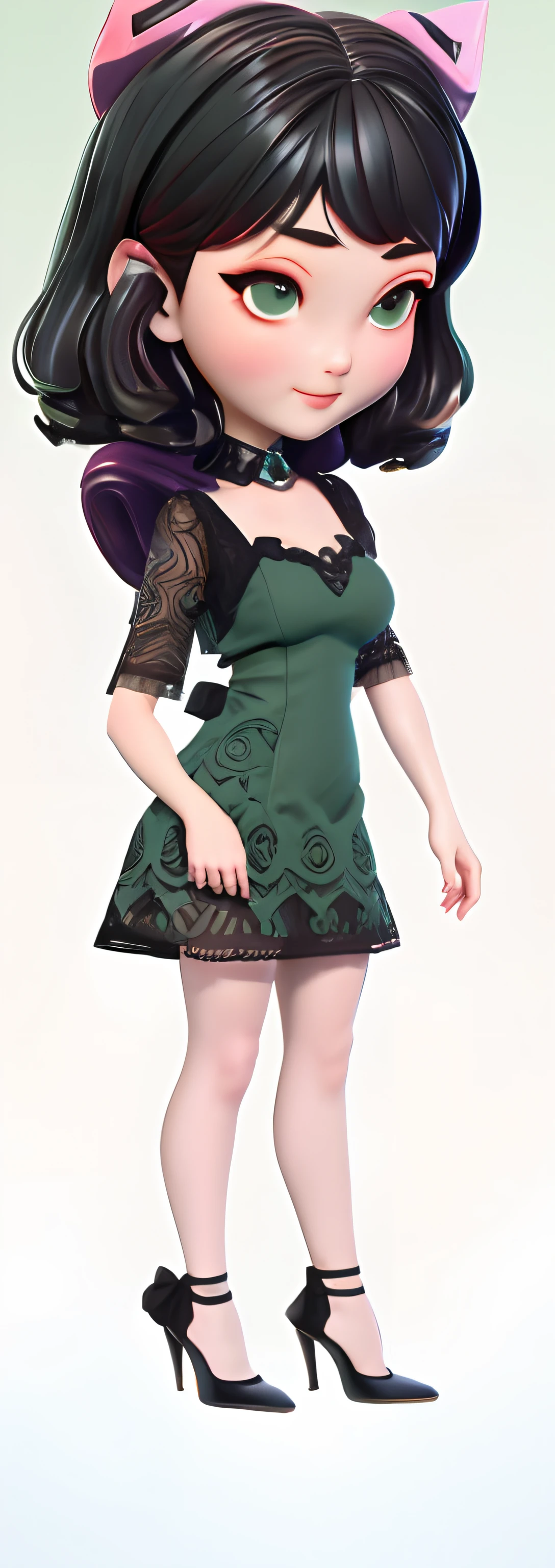 one-girl,。.。.。.。.。.。.。.。.。.。.3D ,low-contrast, shift dresses, full body green dress, nedium breasts , Black color hair