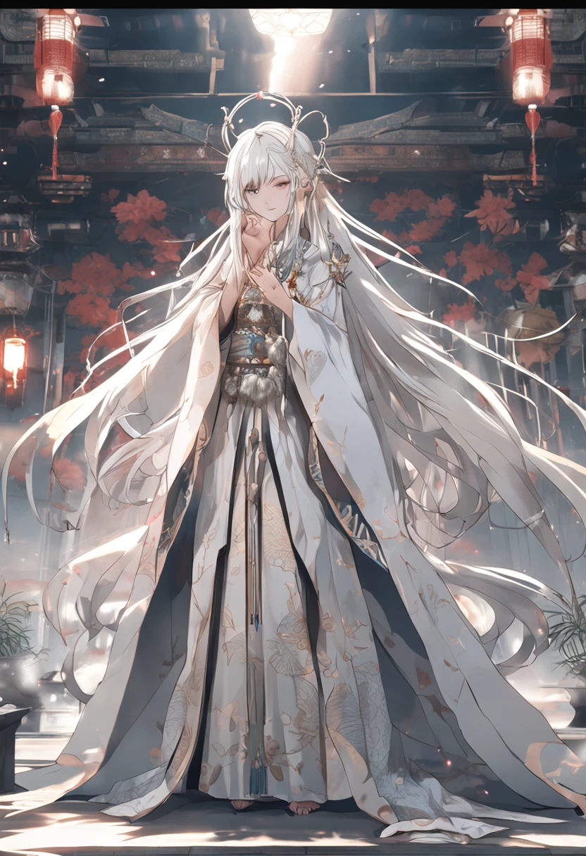 RAW photograph full length portrait of the goddess of the moon、pale skin, erotic, See-through robes, General decoration, temple, radiant, white hair