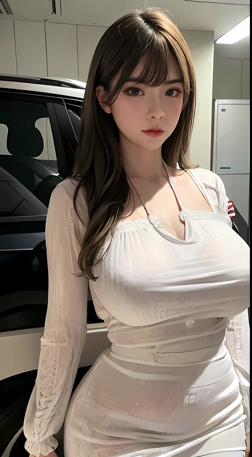 (Extremely detailed, In the underground car park, slightly fat big breasts, plump, Bigchest, Gigantic big tits, Refined face, High-necked polyester cotton dress, close up half body shot, photorealistic perfect body, very very very realistic)
