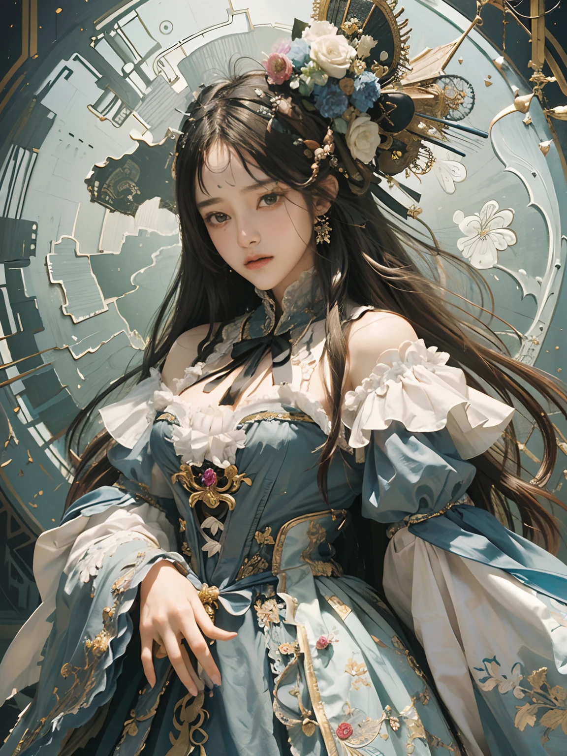 (​masterpiece、top-quality、top-quality、Detailed and complex、Official art、Beautifully Aesthetic:1.3)、(1girl in:1.3)、(Fractal Art:1.3)、colourfull、Vivid、Victorian costume