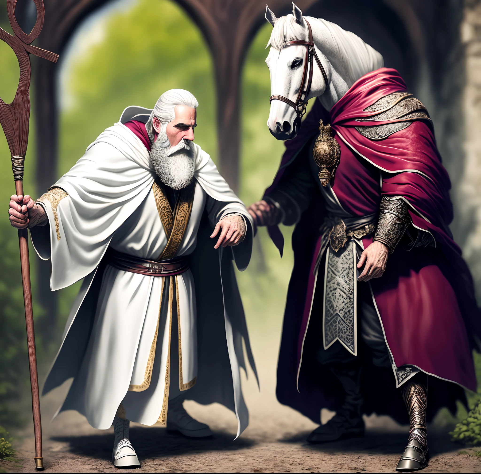 ,The old man's face was rosy,The white beard falls to the knees,Wearing a white robe,There is not a hint of variegation,Holding a wooden crutch in his hand,Hold up the waist of the horse