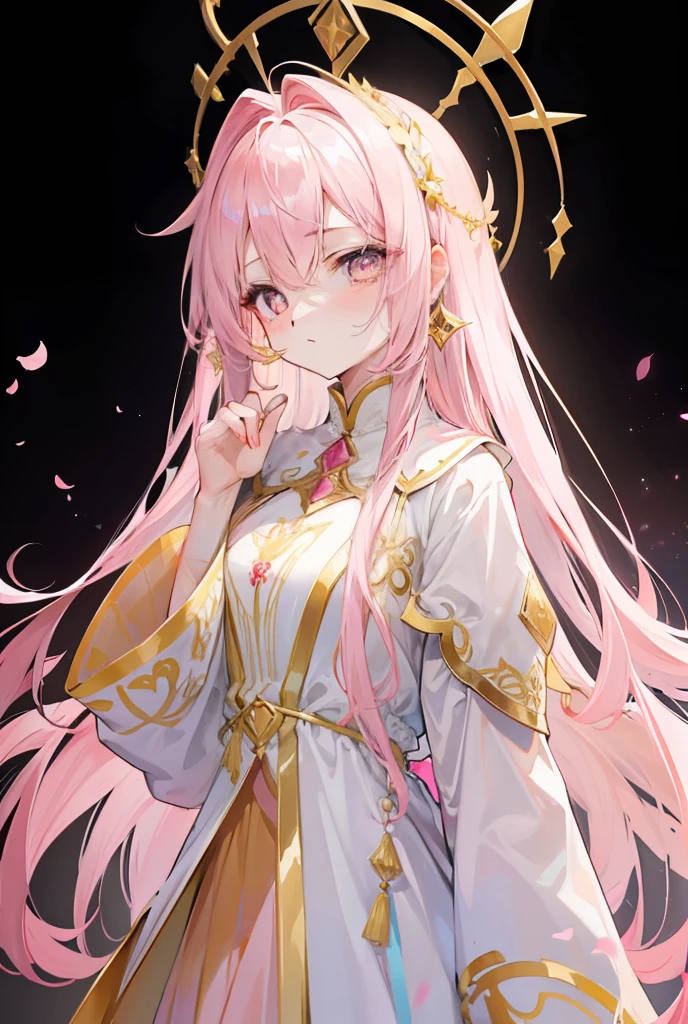 Long pink and white hair,Pink-white wings,Deep yellow pupils,Decorated in brilliant gold,Soft clothes with white and yellow,She is a cute and sweet beautiful girl