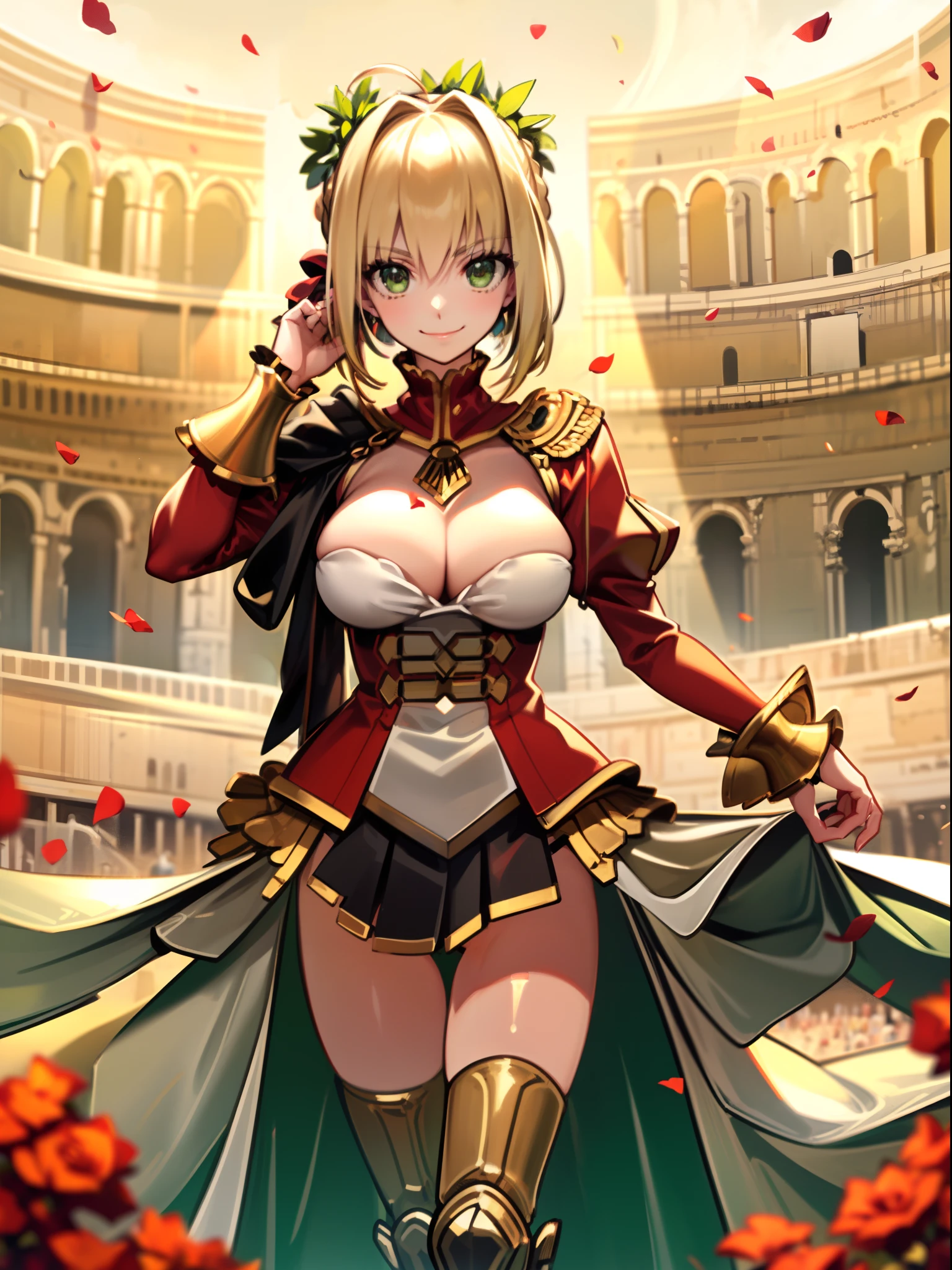 masterpiece, best quality,1girl, blonde hair, green eyes,large breasts, Default, NeroOriginalOutfit,olive wreath, standing, smile, adjusting hair , rome, colosseum, rose petals, cowboy shot,sunlight