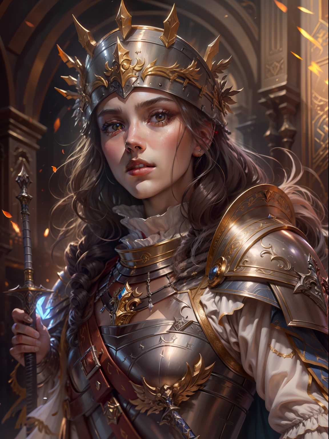 Look from the bottom up,low angle shot,Highly detailed portrait of Paladin Givel,Wear armor,shelmet,epee,big sword,Cross sword,sword,Silvertone,holy rays,god light,medieval times,Noble,setia,Servant of Jesus,Solemn,Gold accents,epic fantasy digital art,devout,Victorian style,tmasterpiece,8K,high definition resolution,Detailed detail drawing,high qulity,Inspired by Guinevere,author:John Collier