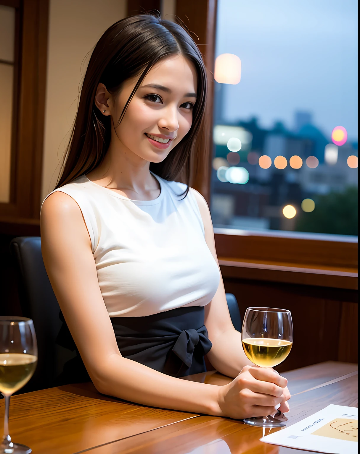 (64K, UHD, top quality, masterpiece: 1.2), (realistic, photorealistic: 1.37), super detailed, pretty woman 1 person, (slim face), (slim body), (brown hair), (short cut), cheeks slightly blushing, (44 years old), 38 years old, solo, beautiful detailed urban night view outside the window, restaurant, wine glasses sit, at night, in a prominent placeNovaFrogStyle, Actress, Model, Waist Up, White Wine, Slim, Wine Glass, Super Clean Night View, Wine Glass Put in the Middle, Happy Smile, (Smile: 1.15), Beautiful Fine Eyes, Upper Body, Bust Japan Up, Night, Short, Short, Actress, Model, Waist Up, White Wine, Slim, Wine Glass, Super Clean Night View, Wine Glass Put in the Middle, Happy Smile,