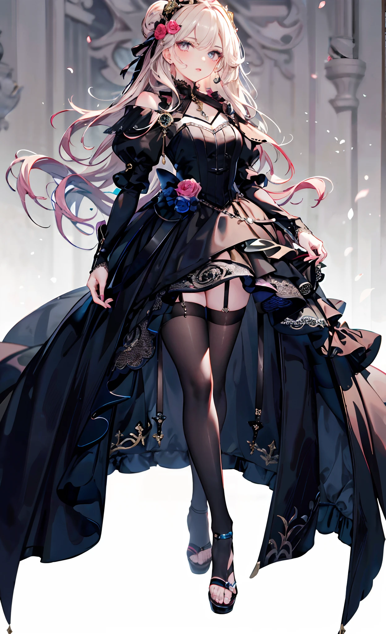 (Complete head:1.9),meticulous portrayal of face,1 noblewoman,a matural female,Black dress long dress,(black lence stockings+),heeled sandals,(Black stocking feet),Pink White Long Hair,Prom background, Perfect body, s the perfect face, perfect hand, Perfect Finger, Perfect lips, perfect eyes, Perfect background