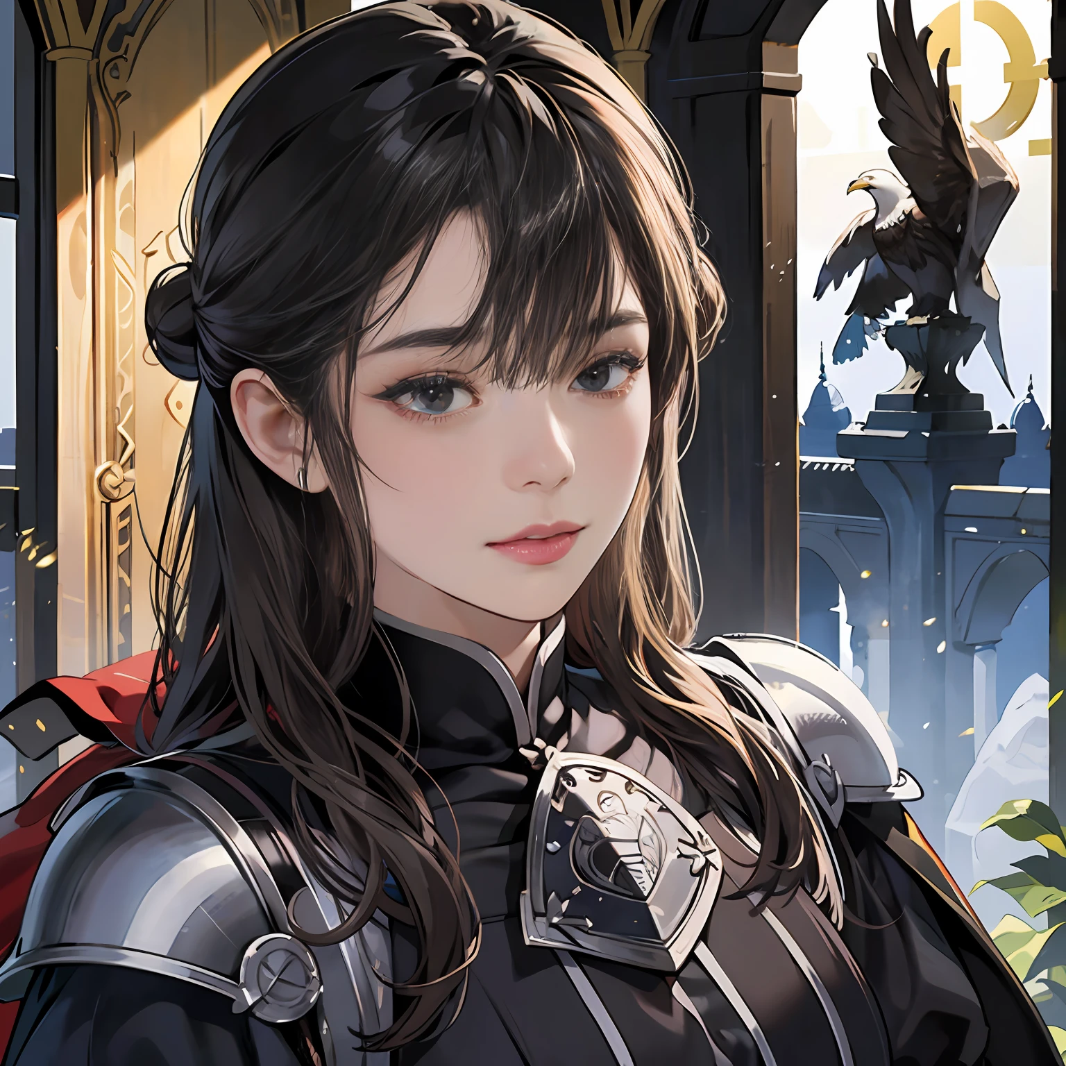 Women in Their 20s, Fantasia、offcial art, unity 8k wall paper, ultra-detailliert, beautifly、Aesthetic, ​masterpiece, top-quality, Photorealsitic, Castle Guard、Full Armor Knight:2.0、Sword of Steel:2.0、Black-silver armor:2.0、Black-silver breastplate:2.0、Knights、Eagle crest on the chest、Eagle heraldic flag、A dark-haired、Black eyes、Braided hair、Bun head:1.5、depth of fields, Fantastic atmosphere, Calm palette, tranquil mood, Soft shading、Castle Gate、Rampart、bbw、very large breast、plump figure