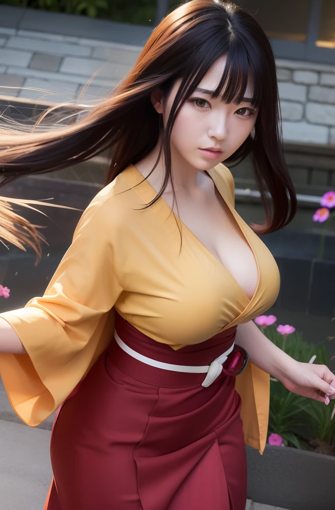 Hanabi hyuga A woman was wearing a dark-yellow kimono. Under a red skirt. And a red belt. Her breasts look so big and round. He had long dark brown hair. He was looking into the camera. So beautiful and realistic