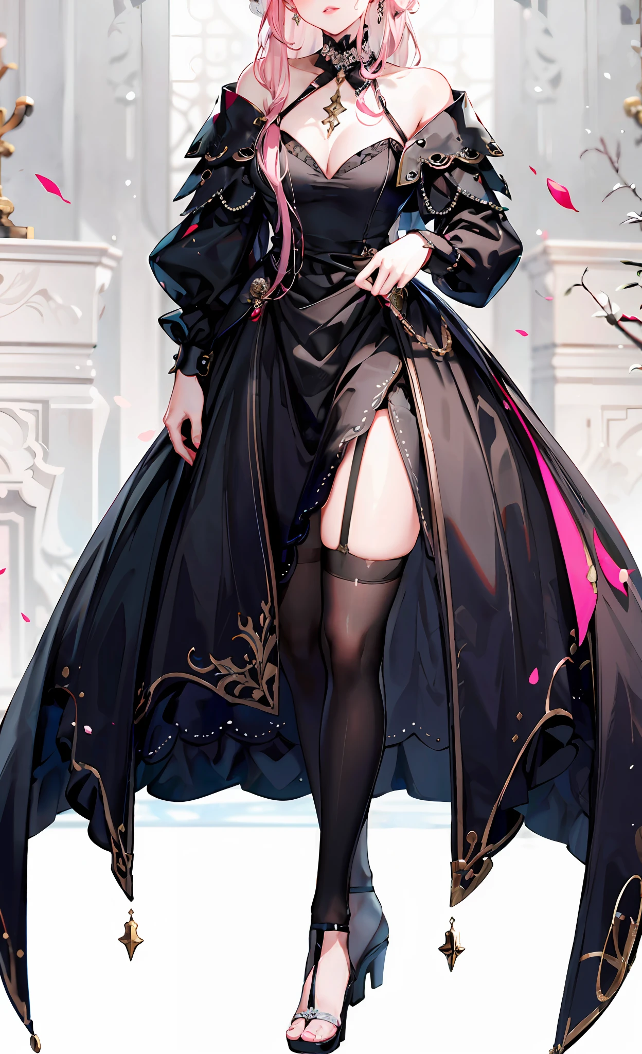 (Complete head:1.9),meticulous portrayal of face,1 noblewoman,a matural female,Black dress long dress,(black lence stockings+),heeled sandals,(Black stocking feet),Pink White Long Hair,Prom background, Perfect body, s the perfect face, perfect hand, Perfect Finger, Perfect lips, perfect eyes, Perfect background